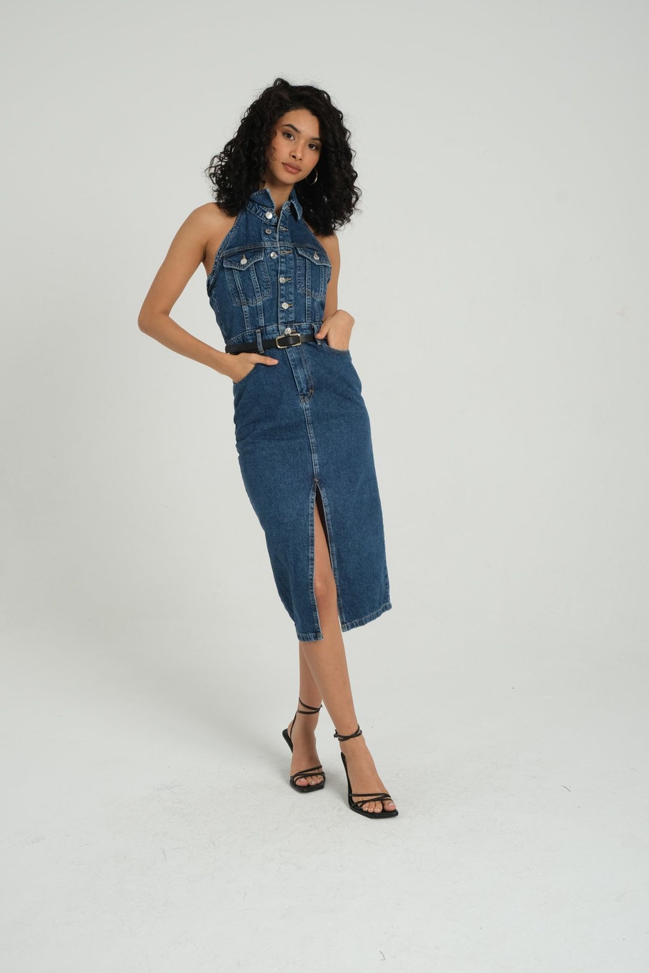 Denim Polo Collar Buttoned Front Slit Sleeveless Maxi Dress