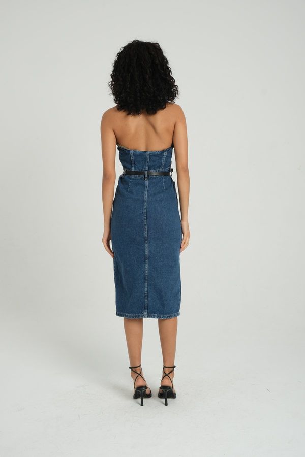 Denim Polo Collar Buttoned Front Slit Sleeveless Maxi Dress 3