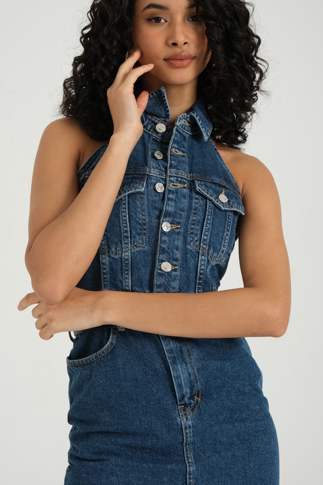 Denim Polo Collar Buttoned Front Slit Sleeveless Maxi Dress