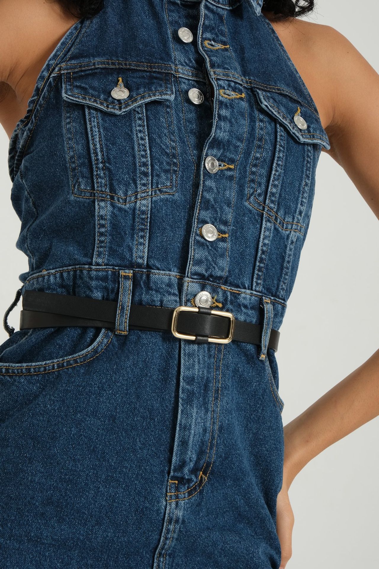 Denim Polo Collar Buttoned Front Slit Sleeveless Maxi Dress