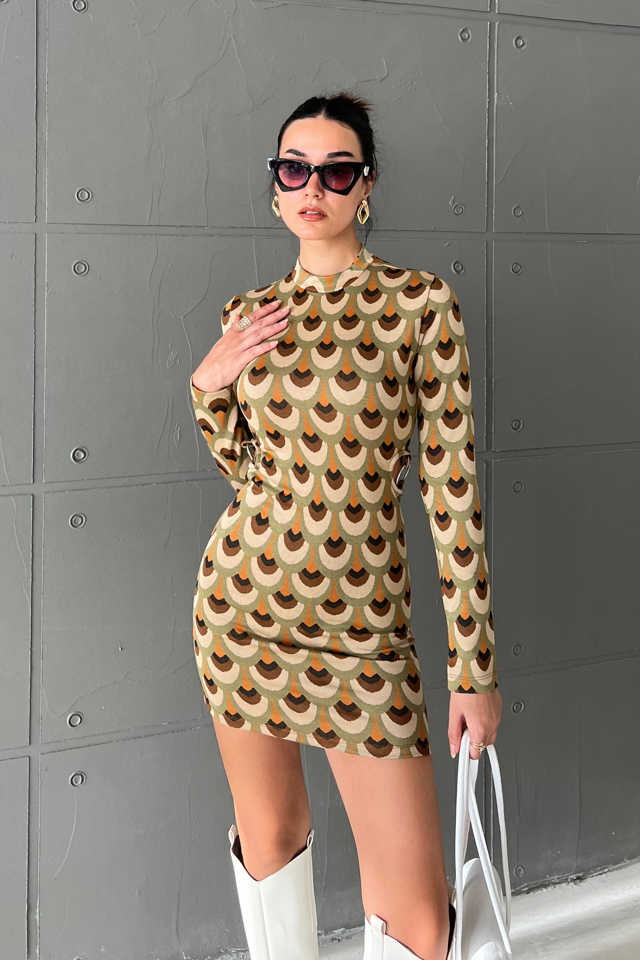 Geometric High Neck Long Sleeve Mini Bodycon Dress
