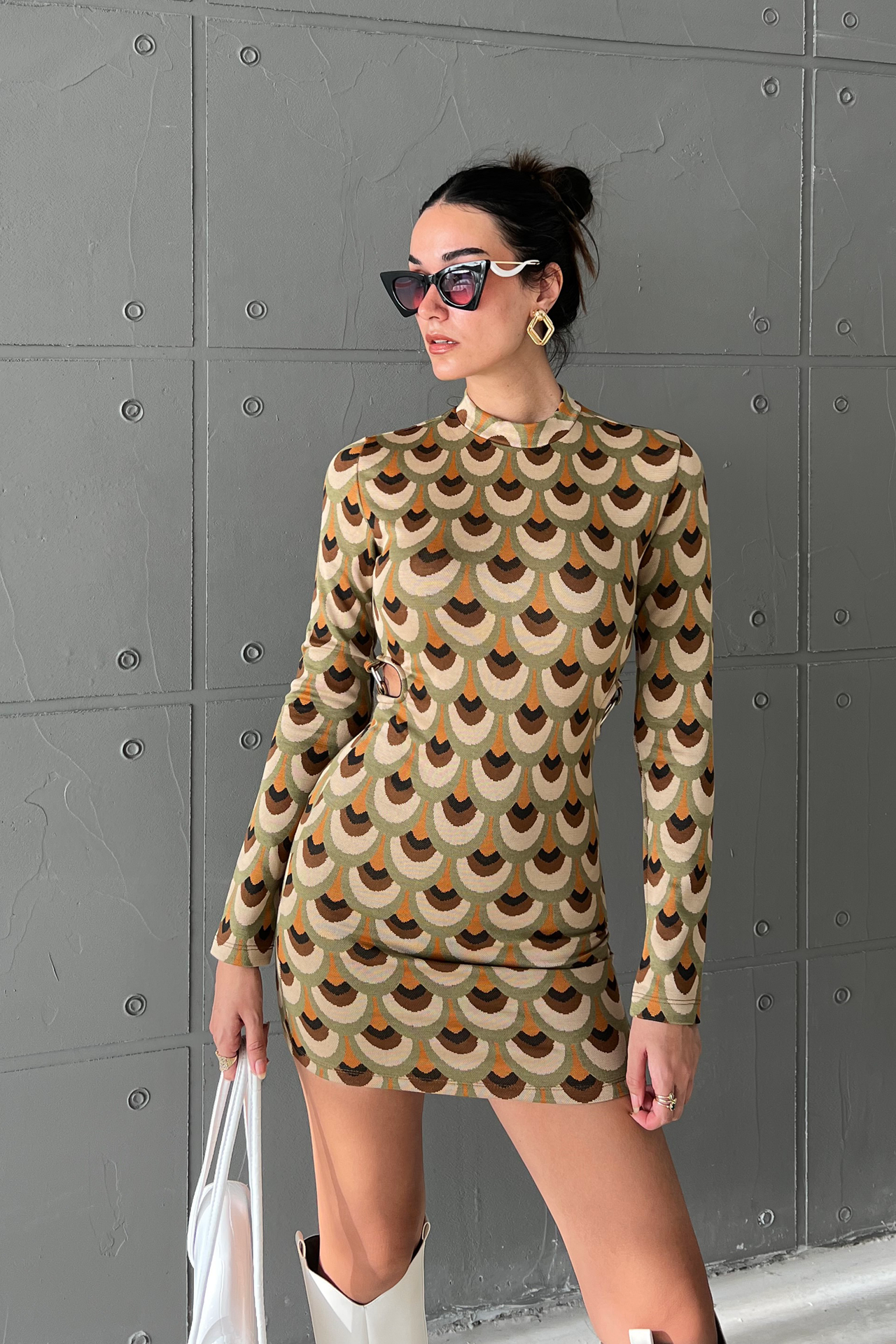 Geometric High Neck Long Sleeve Mini Bodycon Dress