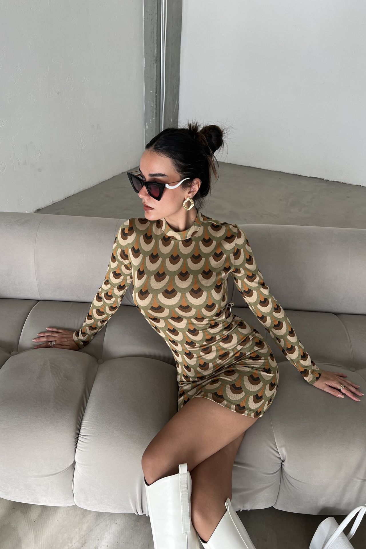 Geometric High Neck Long Sleeve Mini Bodycon Dress