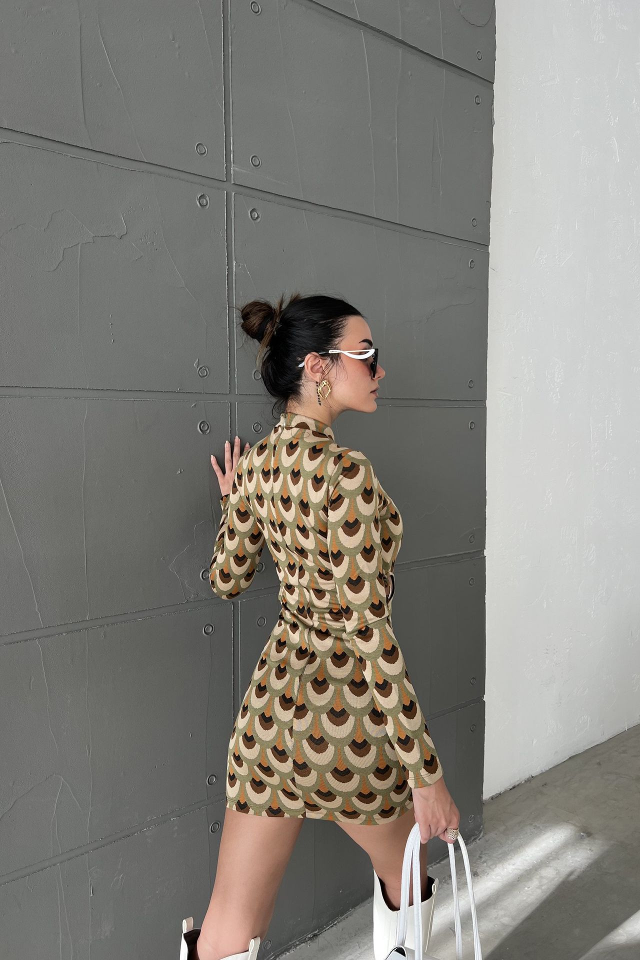 Geometric High Neck Long Sleeve Mini Bodycon Dress