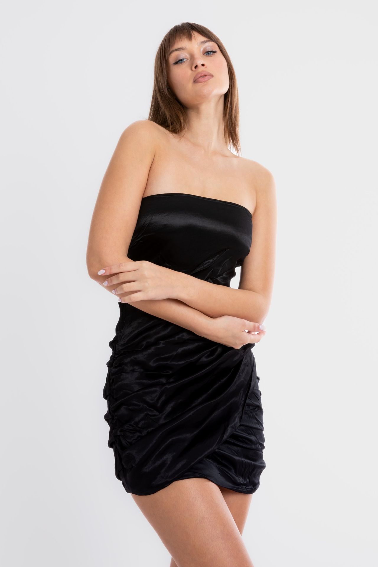 Satin Strapless Ruched Mini Dress