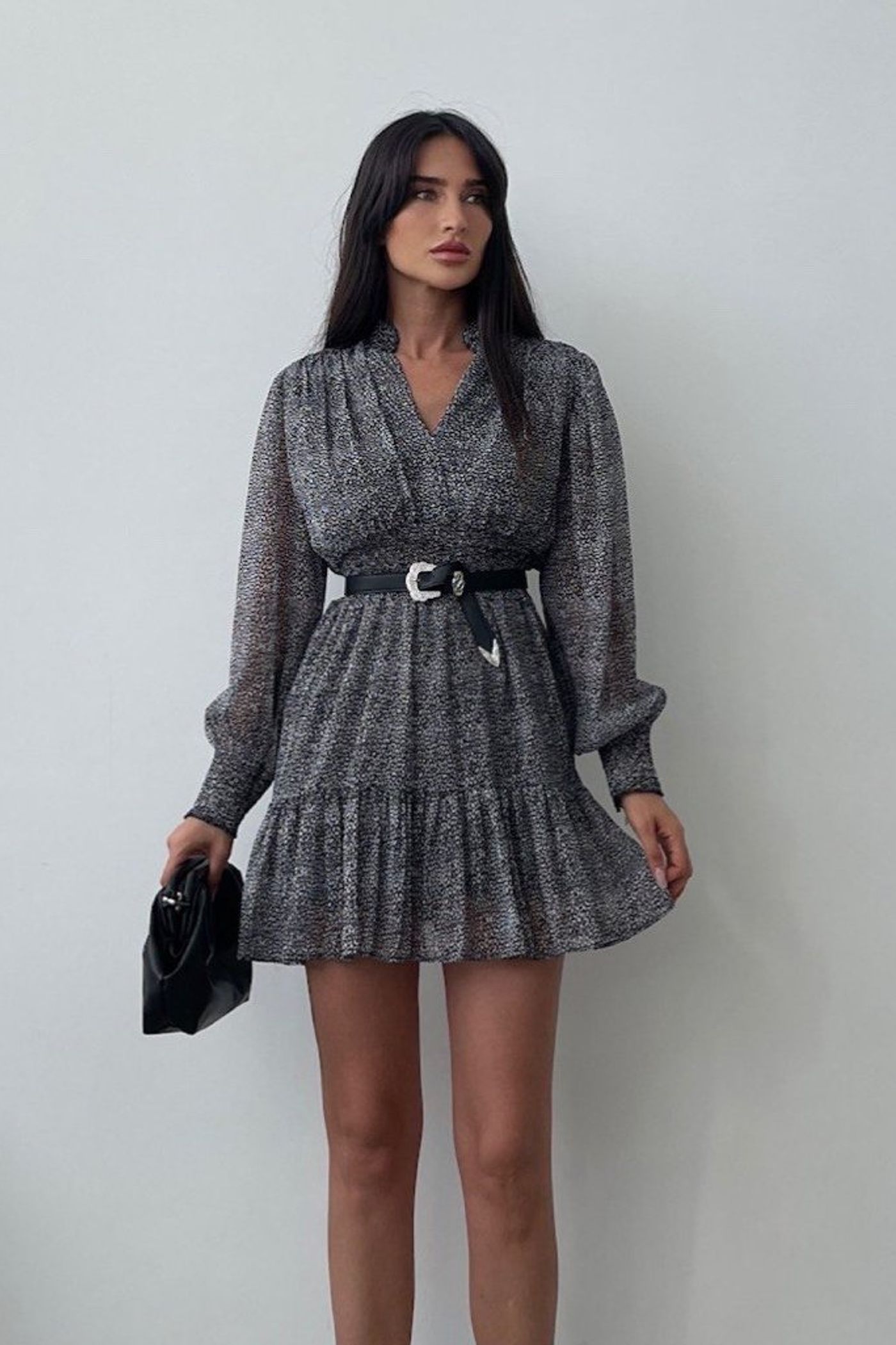 Tulle V Neck Long Sleeve Mini A-line Dress