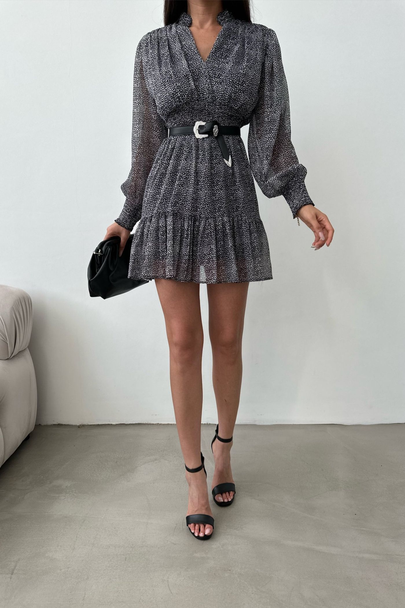 Tulle V Neck Long Sleeve Mini A-line Dress