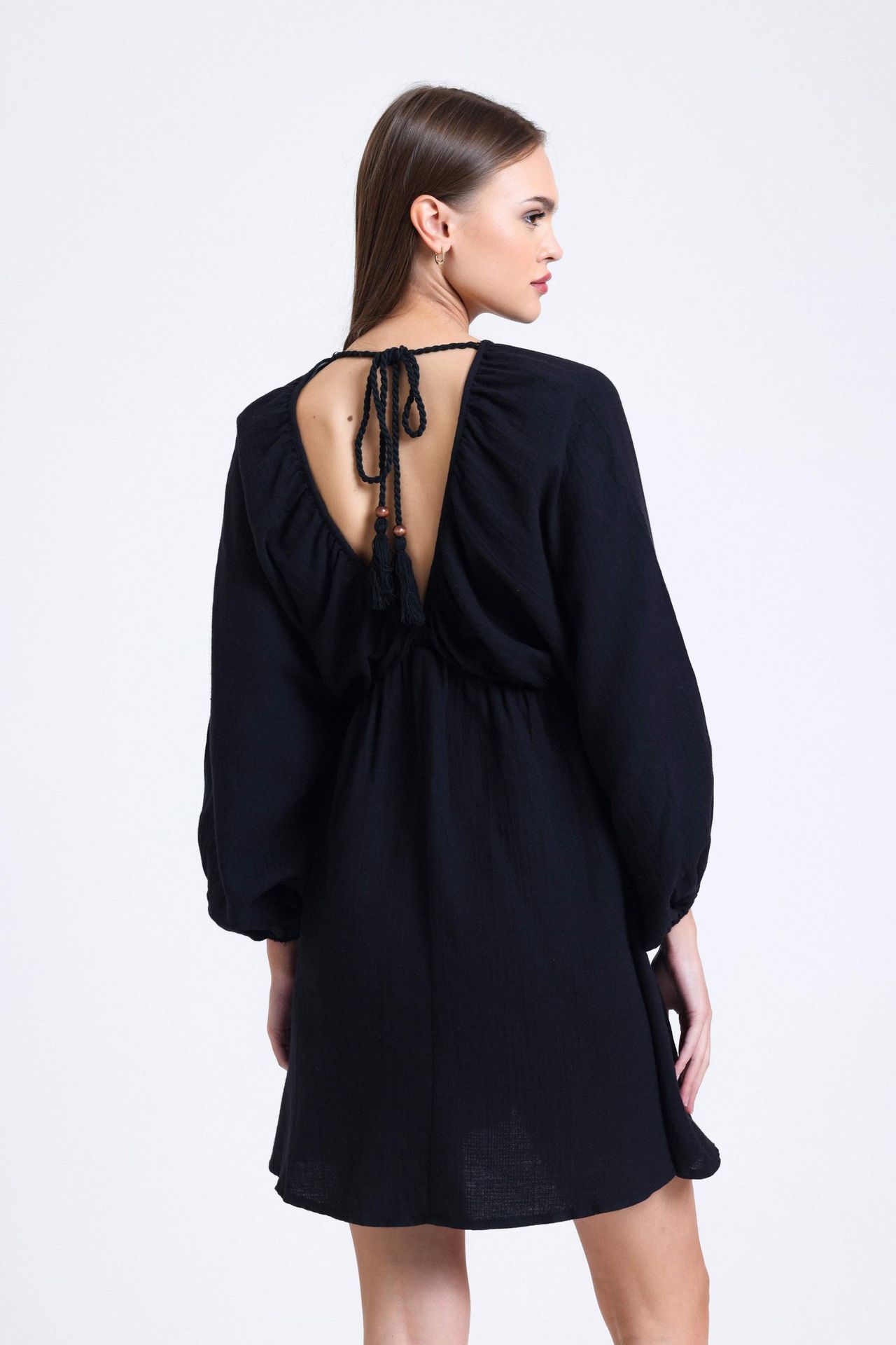 V Neck Long Sleeve Mini Dress with a Back Cut Out