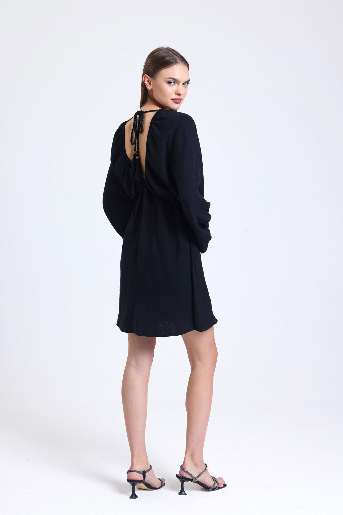 V Neck Long Sleeve Mini Dress with a Back Cut Out