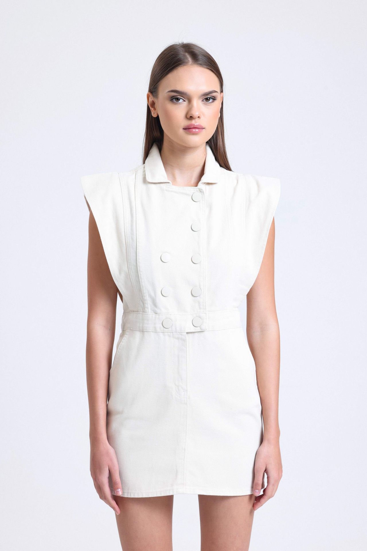 Polo Collar Buttoned Mini Dress with a Padded Shoulder