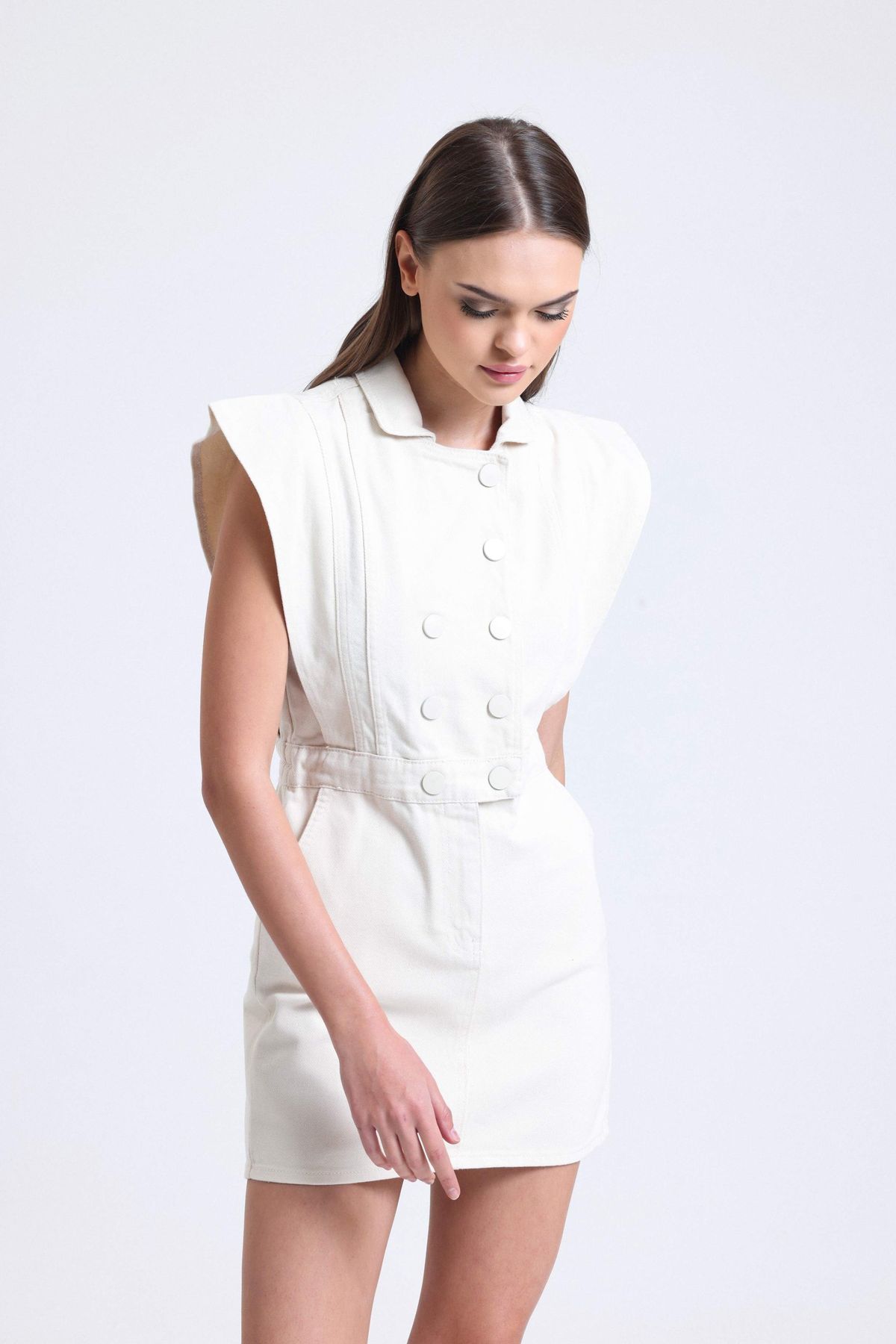 Polo Collar Buttoned Mini Dress with a Padded Shoulder