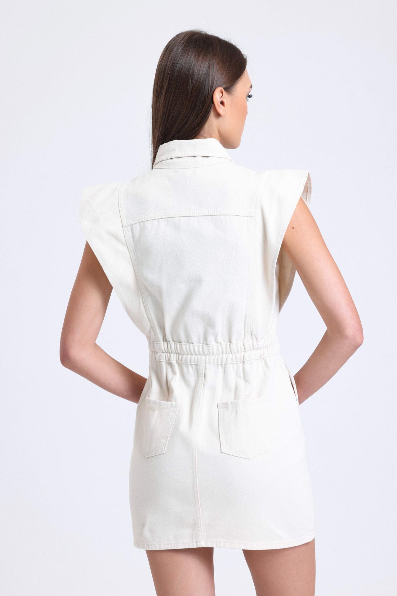 Polo Collar Buttoned Mini Dress with a Padded Shoulder