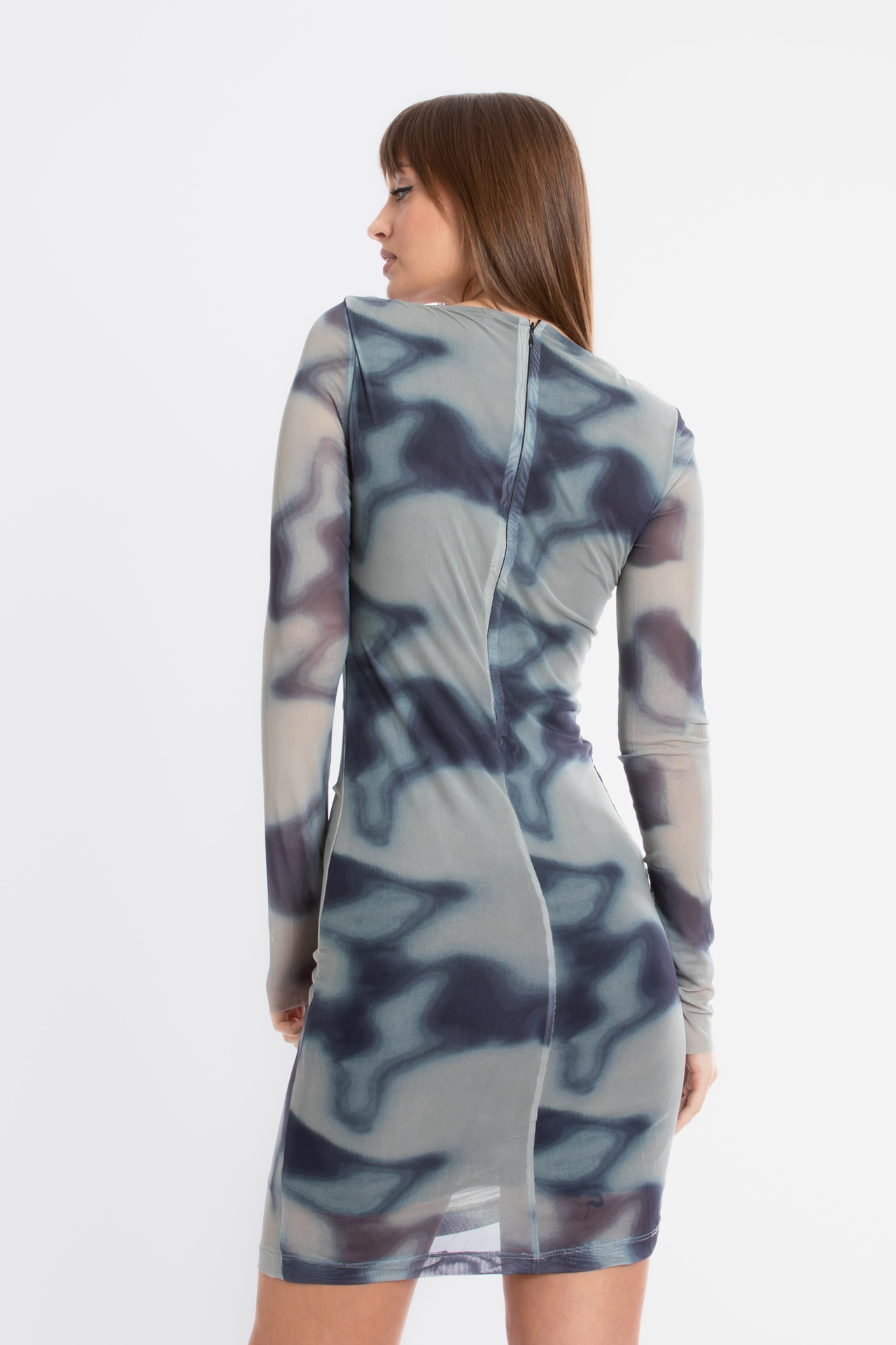 Tulle Abstract Round Neck Ruched Mini Bodycon Dress