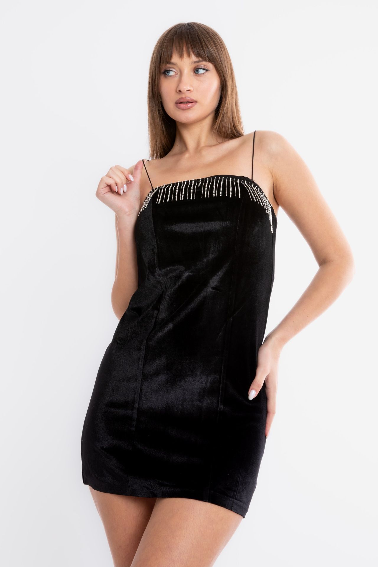 Velvet Strappy Mini Dress with a Tassel Detail