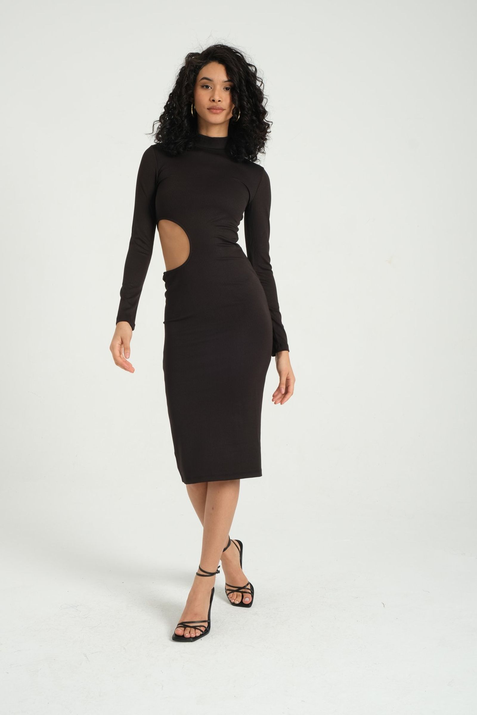 High Neck Long Sleeve Midi Bodycon Dress with a Side Cut Out