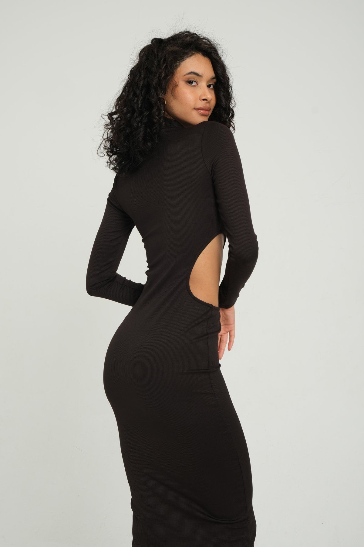 High Neck Long Sleeve Maxi Bodycon Dress with a Side Cut Out