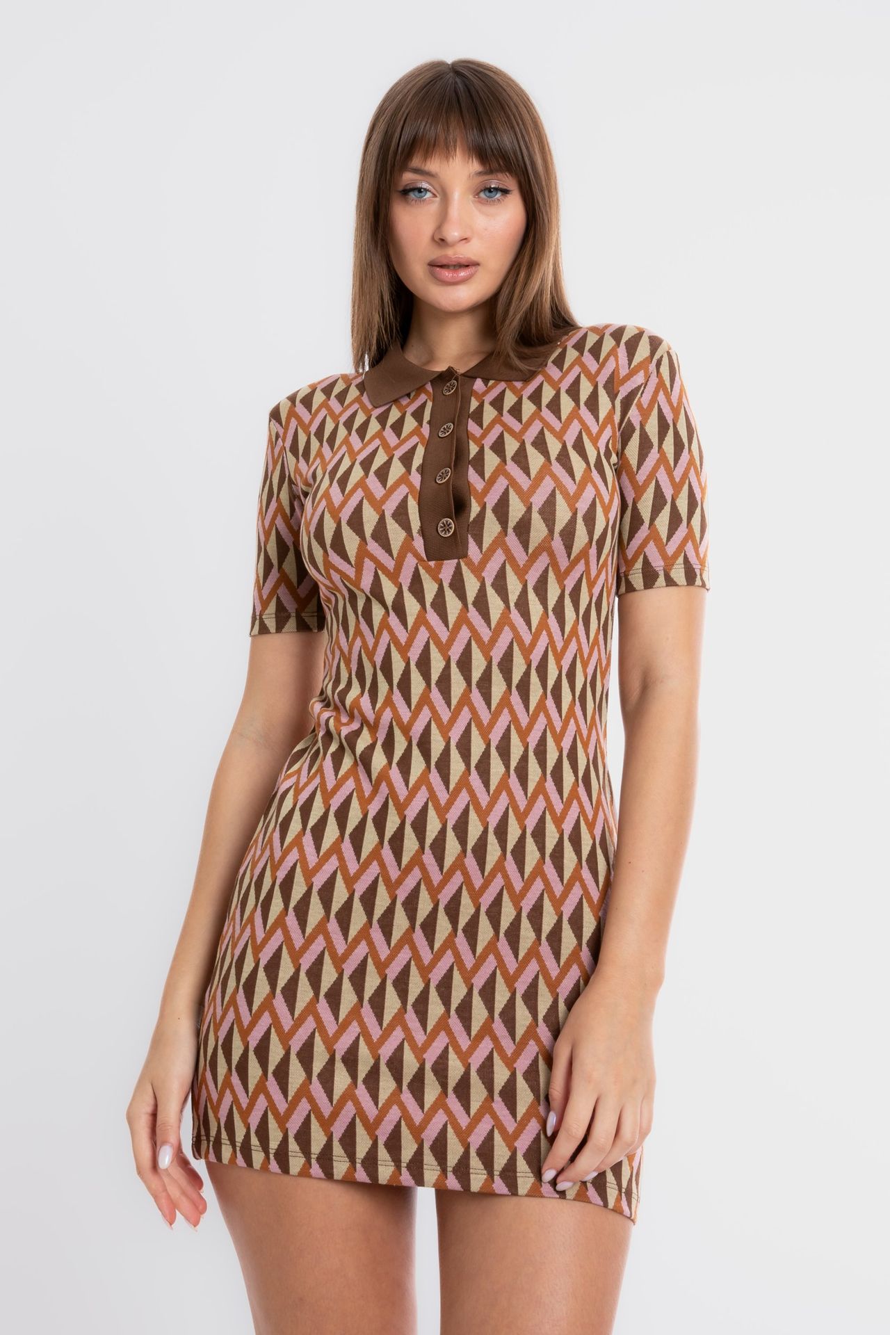 Geometric Polo Collar Short Sleeve Mini Vintage Dress
