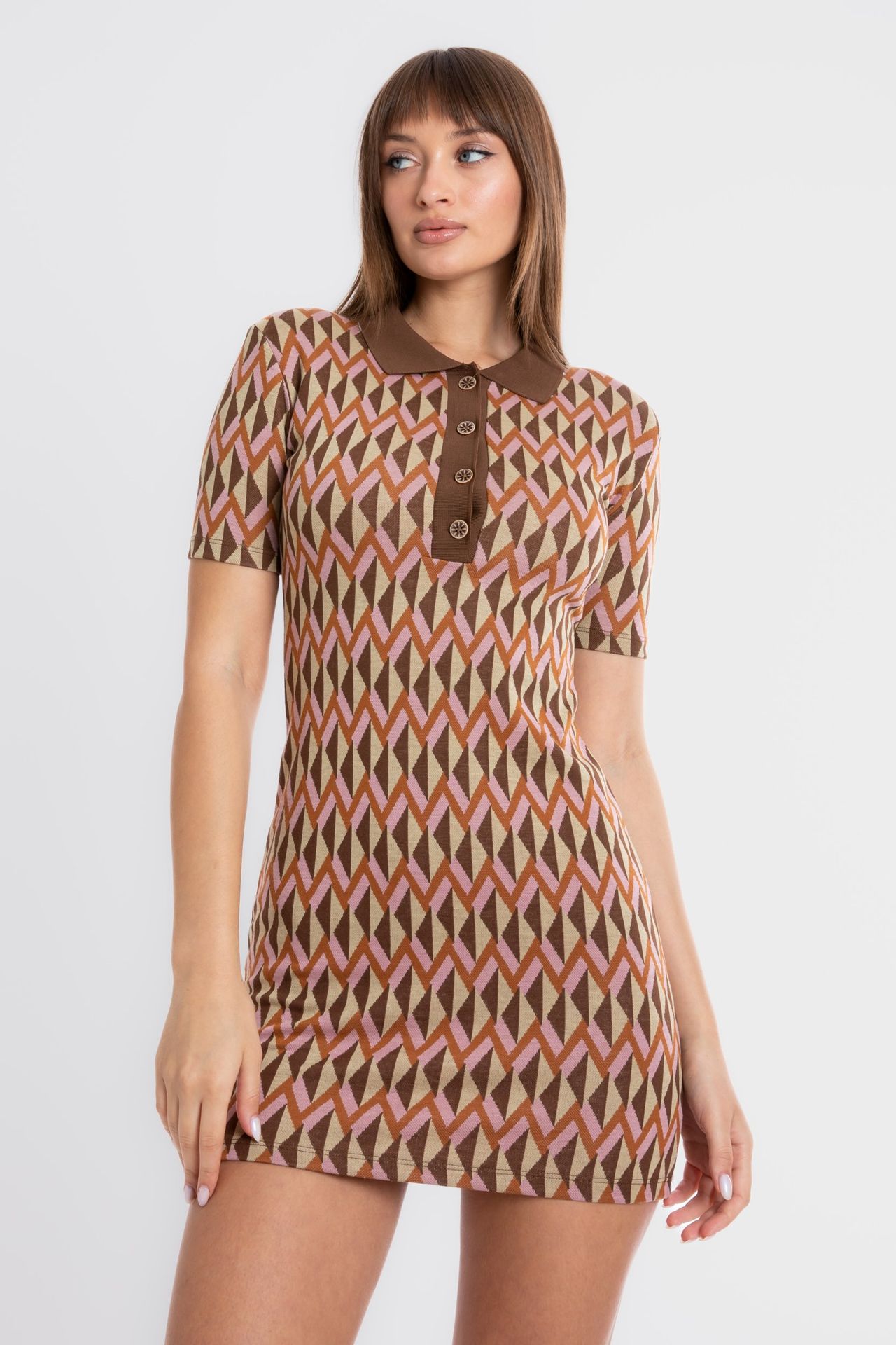 Geometric Polo Collar Short Sleeve Mini Vintage Dress