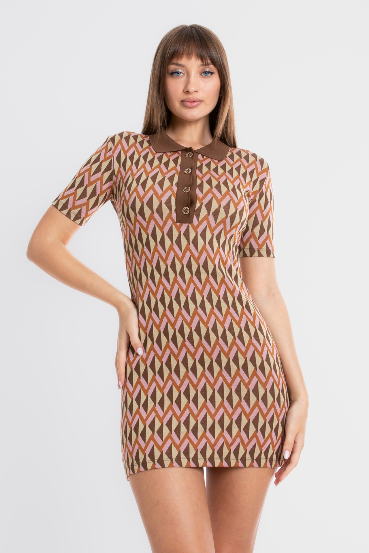 Geometric Polo Collar Short Sleeve Mini Vintage Dress