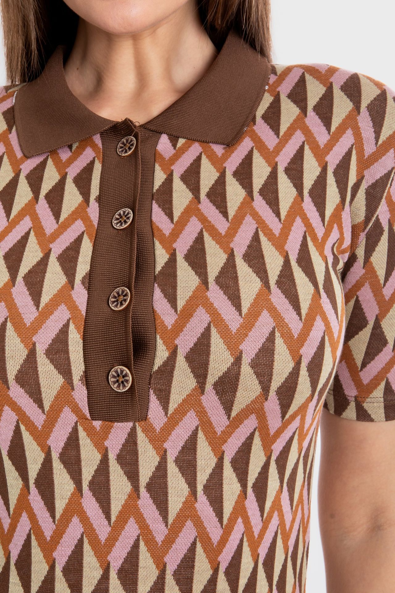 Geometric Polo Collar Short Sleeve Mini Vintage Dress