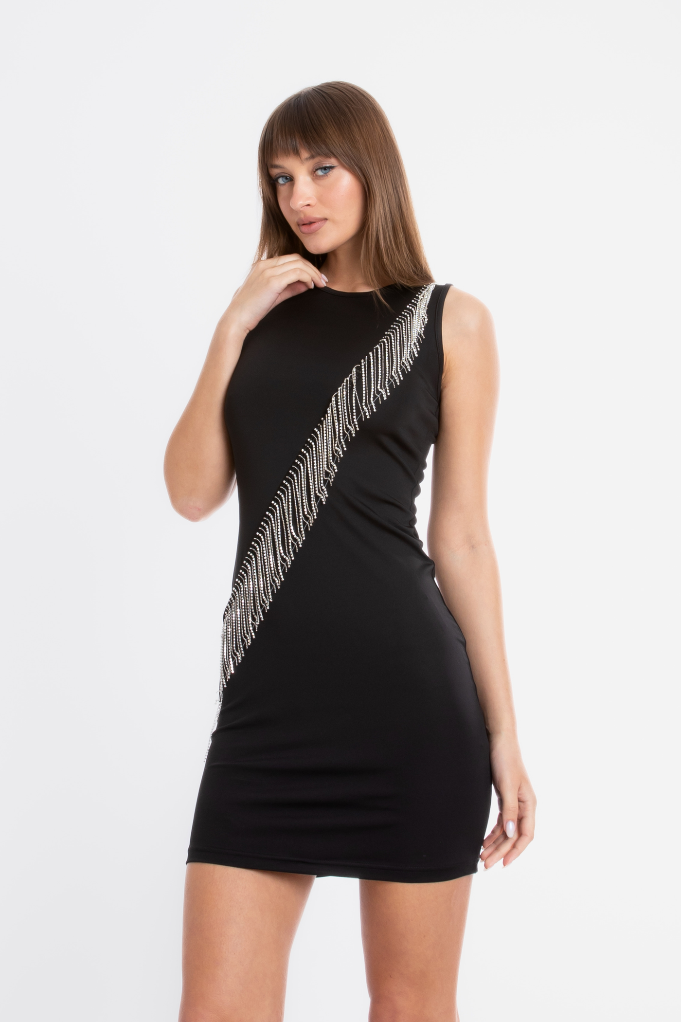 Round Neck Mini Bodycon Dress with a Diamente Tassel Trim