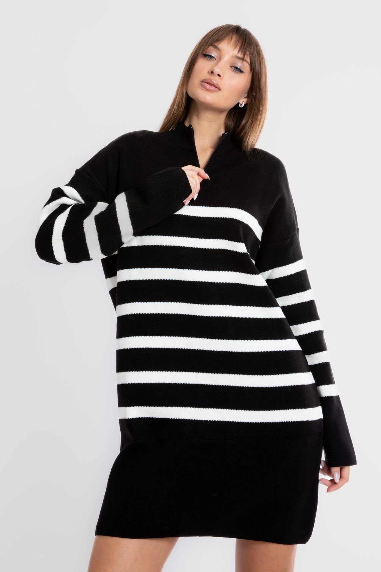 Knitted Striped Long Sleeve Mini Dress with a Zippered Neck