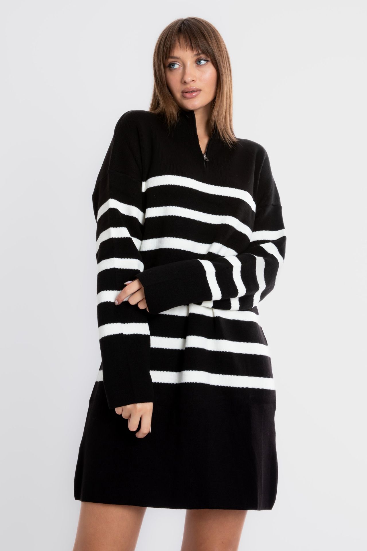 Knitted Striped Long Sleeve Mini Dress with a Zippered Neck
