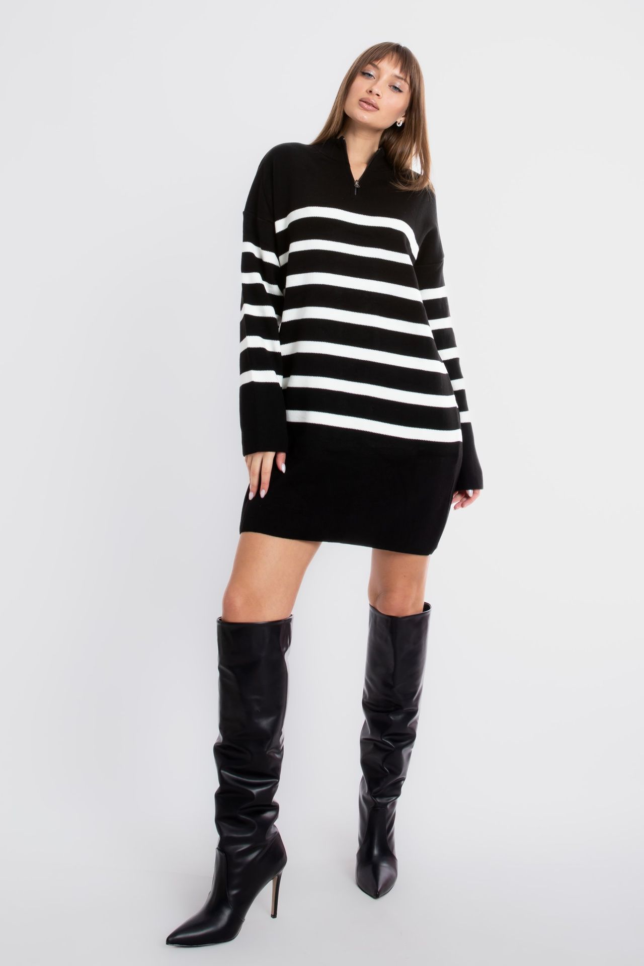 Knitted Striped Long Sleeve Mini Dress with a Zippered Neck