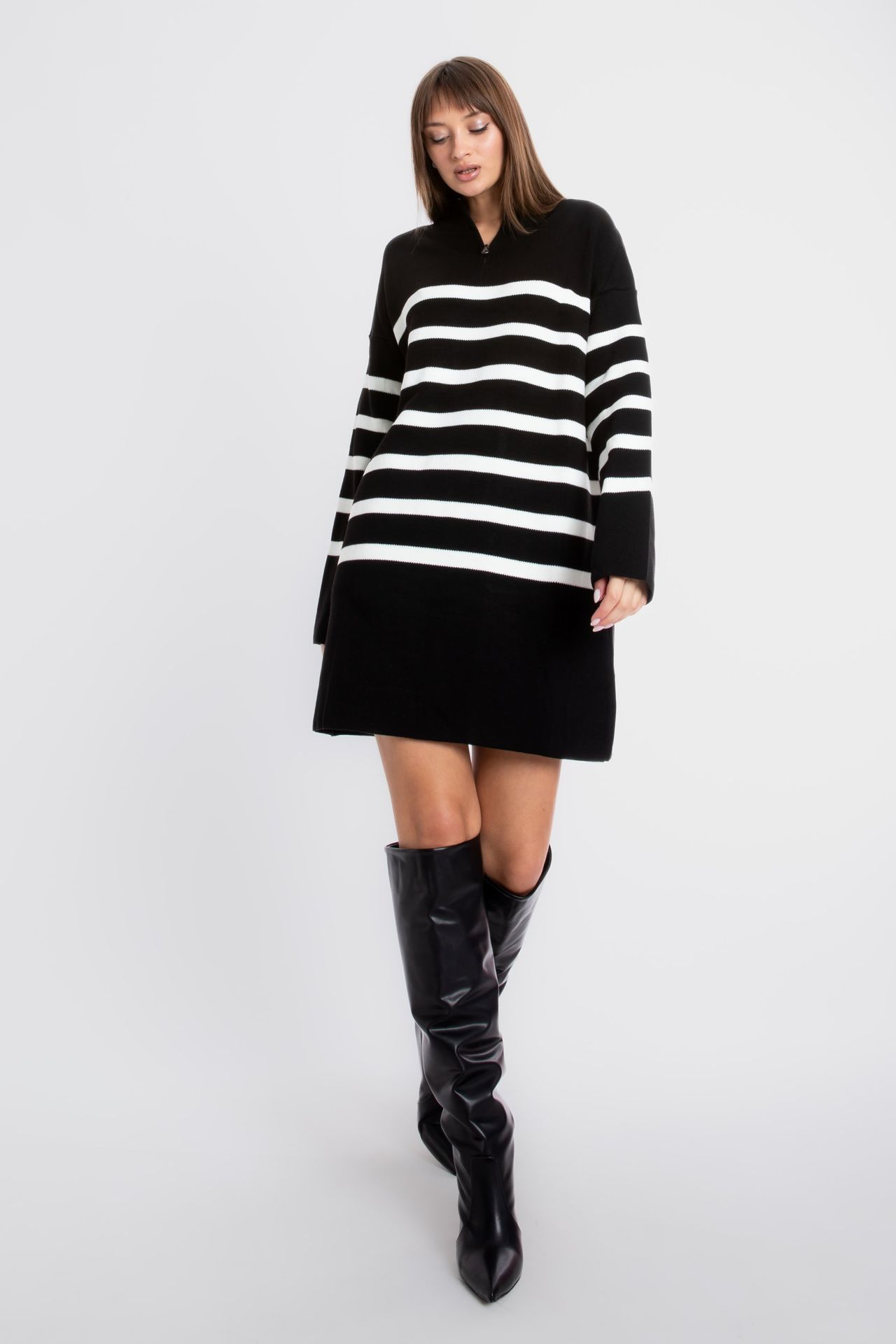 Knitted Striped Long Sleeve Mini Dress with a Zippered Neck