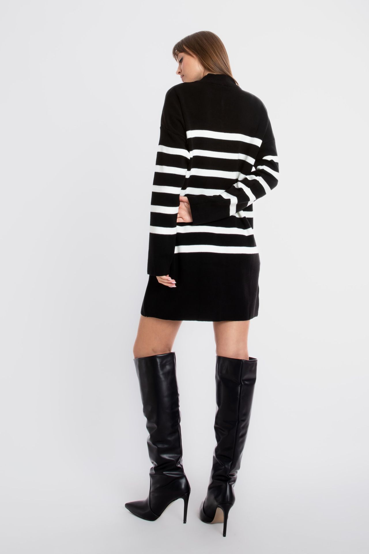 Knitted Striped Long Sleeve Mini Dress with a Zippered Neck