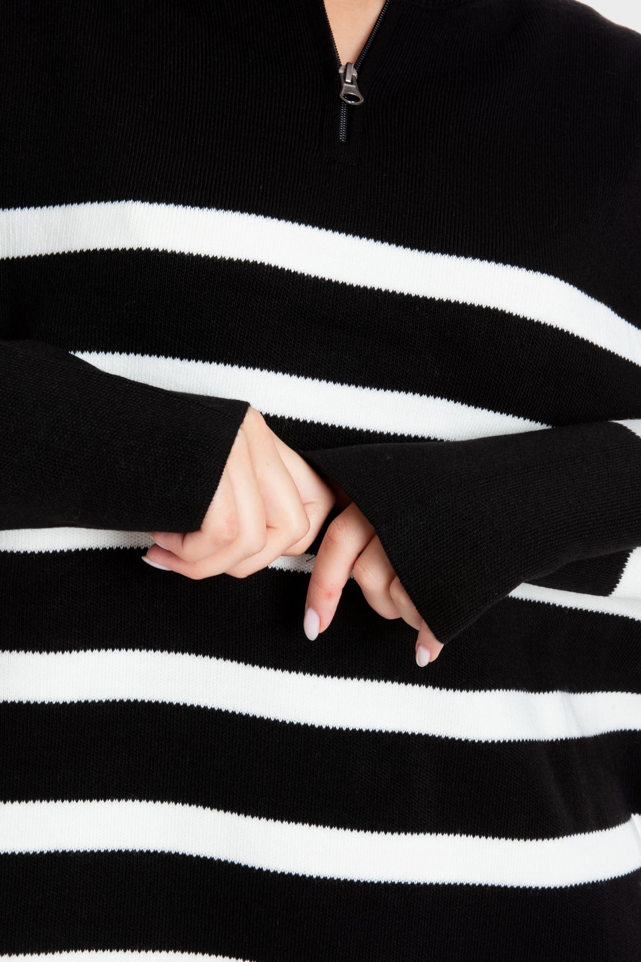 Knitted Striped Long Sleeve Mini Dress with a Zippered Neck