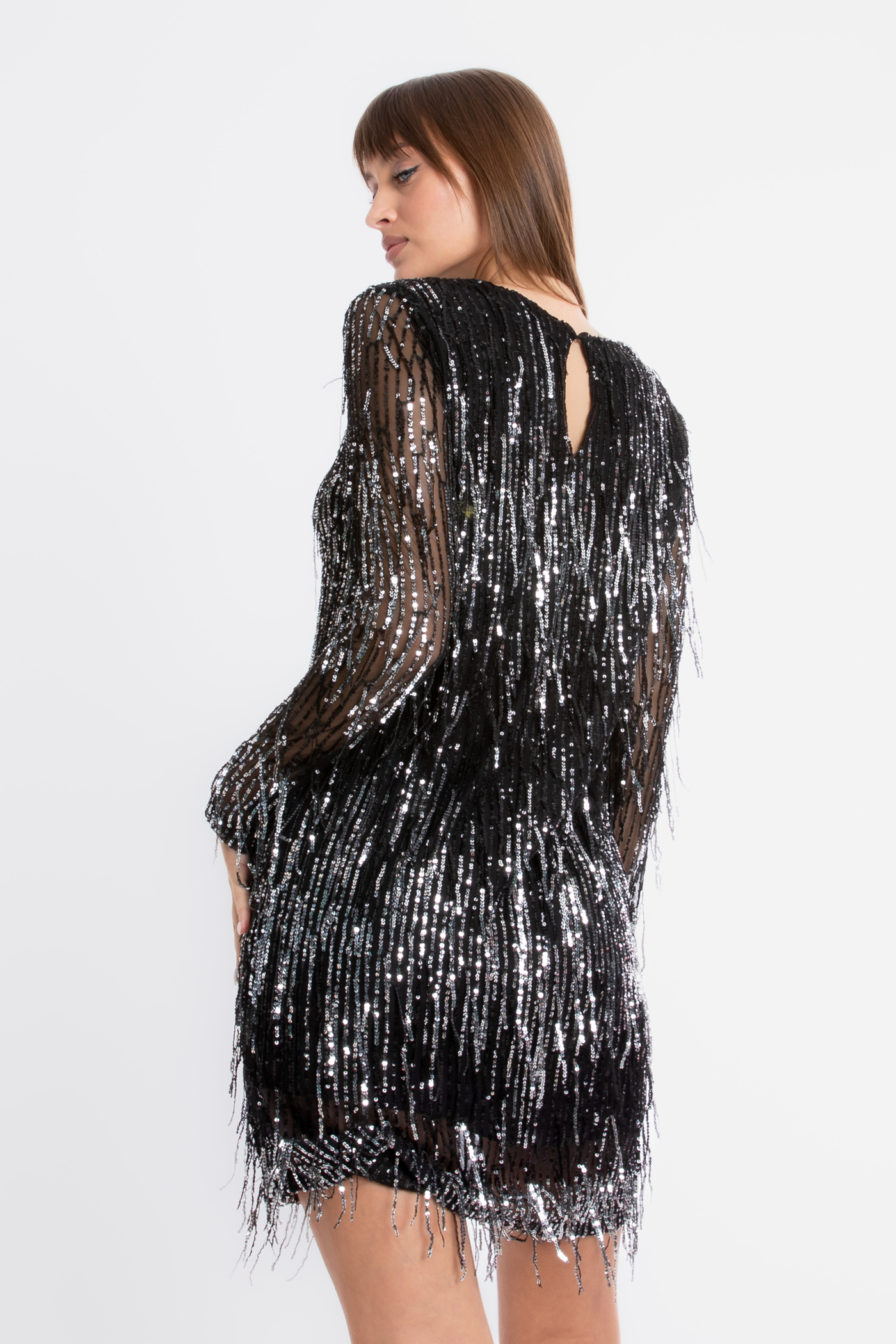 Sequin Round Neck Long Sleeve Mini Dress