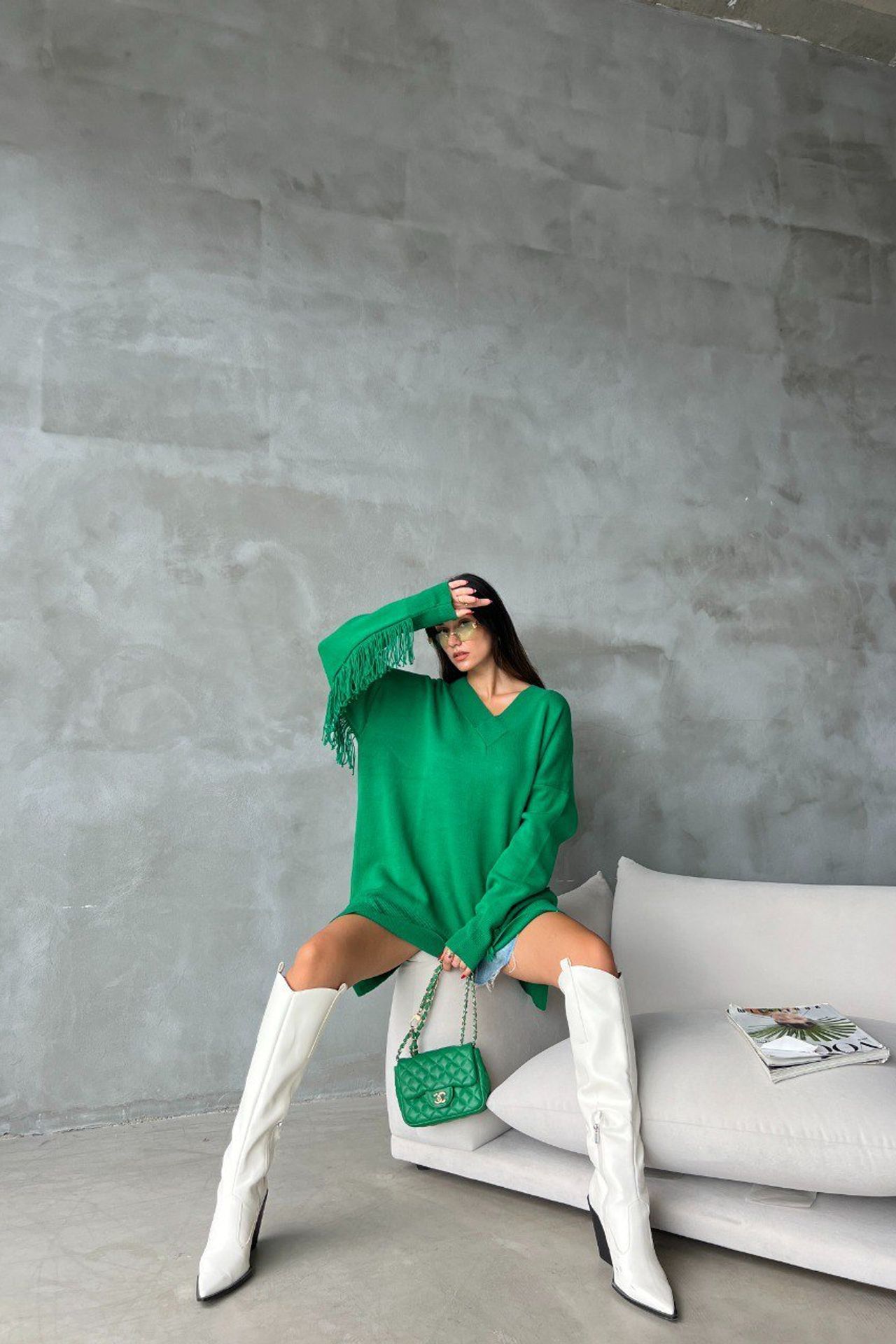 Knitted V Neck Mini Oversized Dress with a Front Tassel