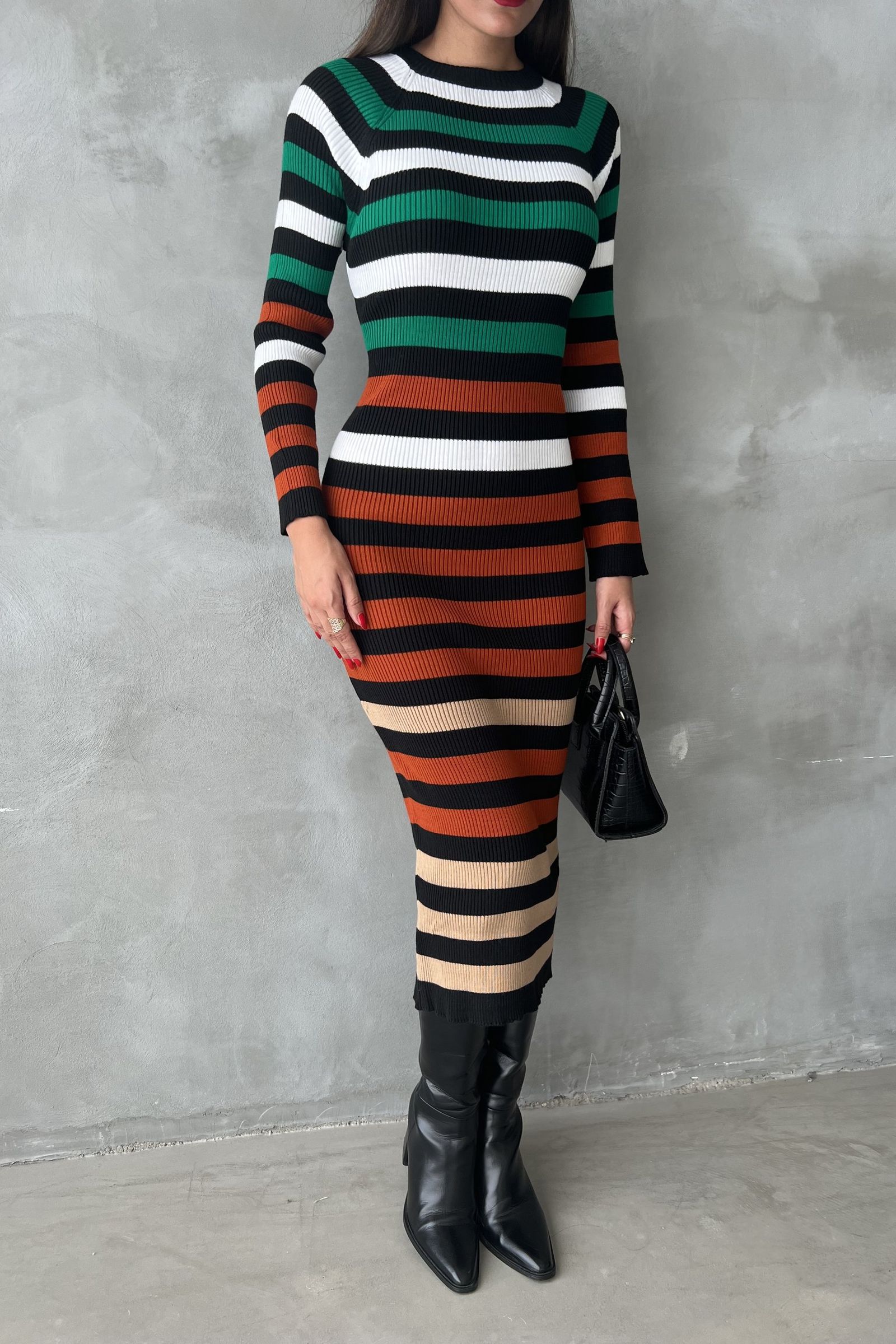 Knitted Striped Crew Neck Long Sleeve Maxi Bodycon Dress