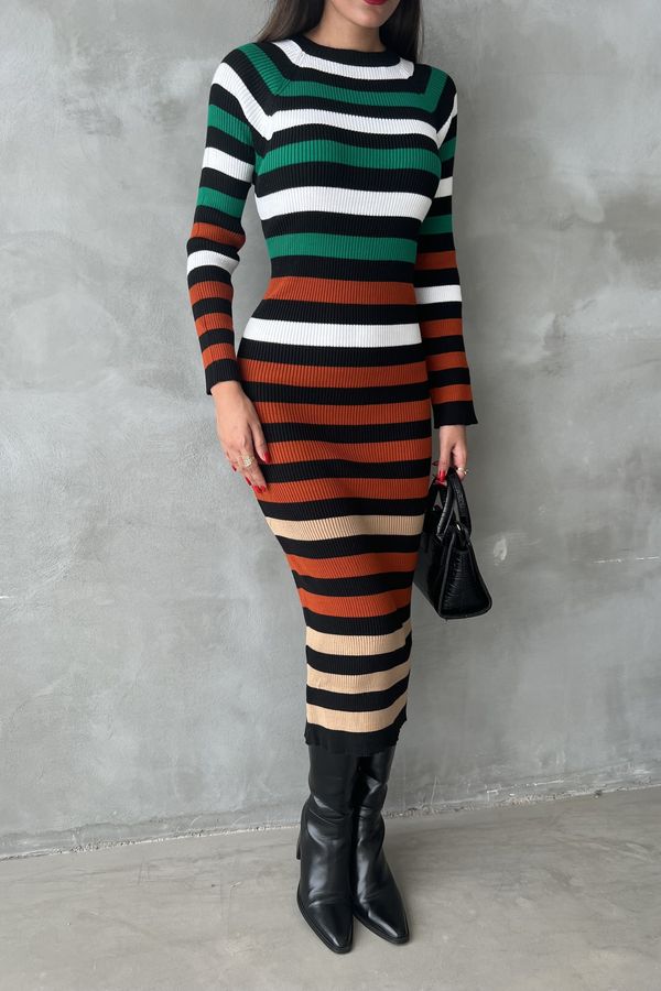 Knitted Striped Crew Neck Long Sleeve Maxi Bodycon Dress 3
