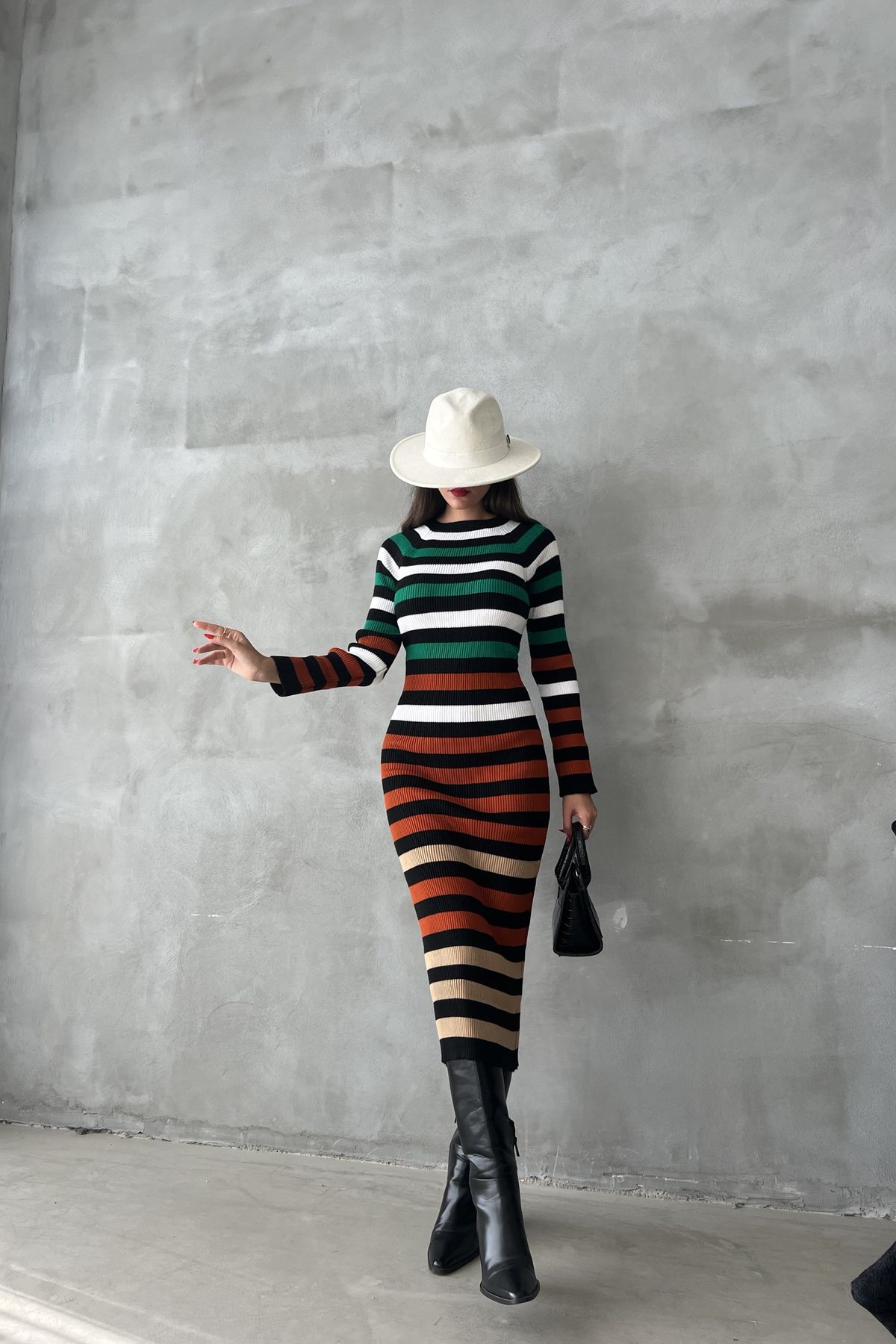 Knitted Striped Crew Neck Long Sleeve Maxi Bodycon Dress