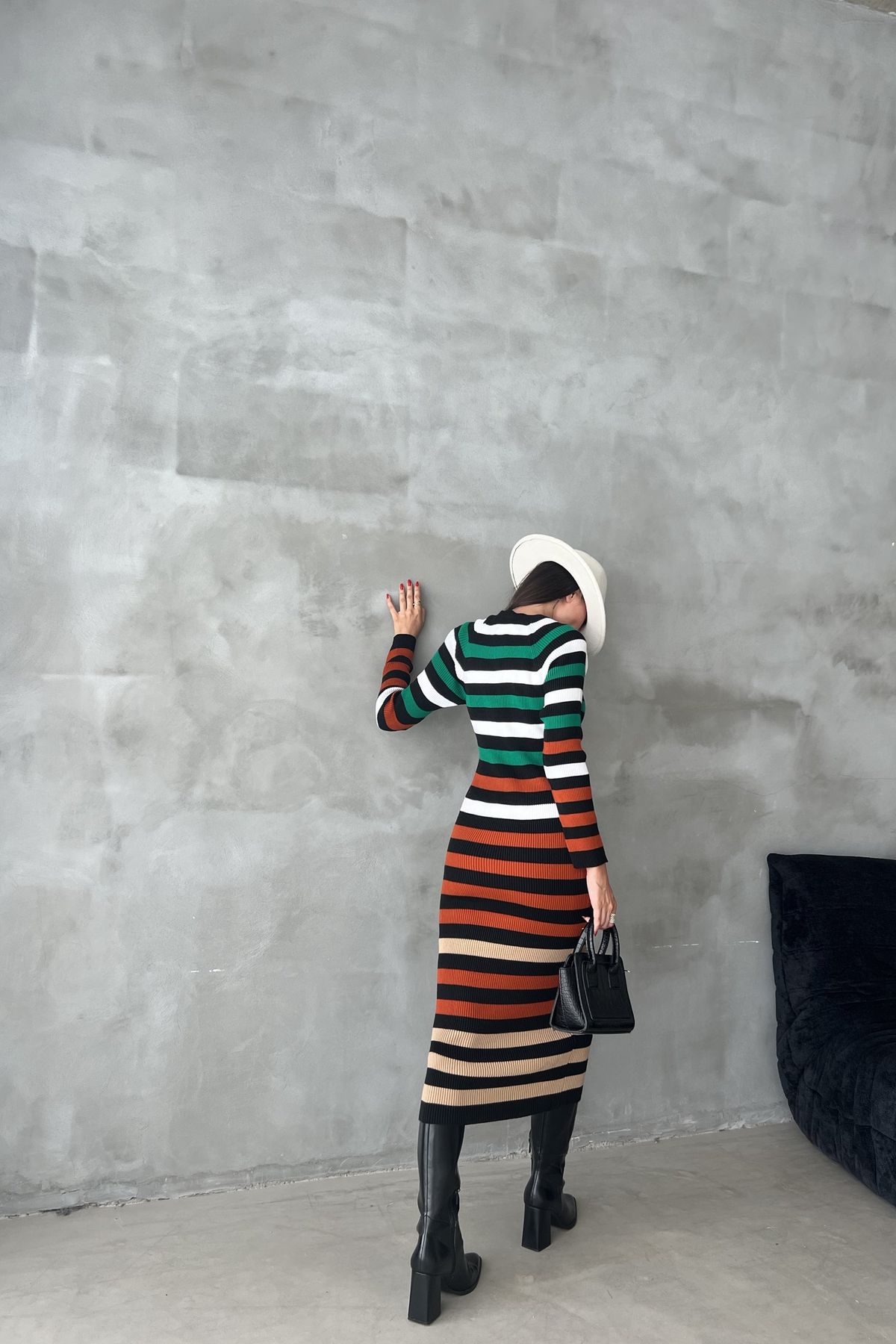 Knitted Striped Crew Neck Long Sleeve Maxi Bodycon Dress