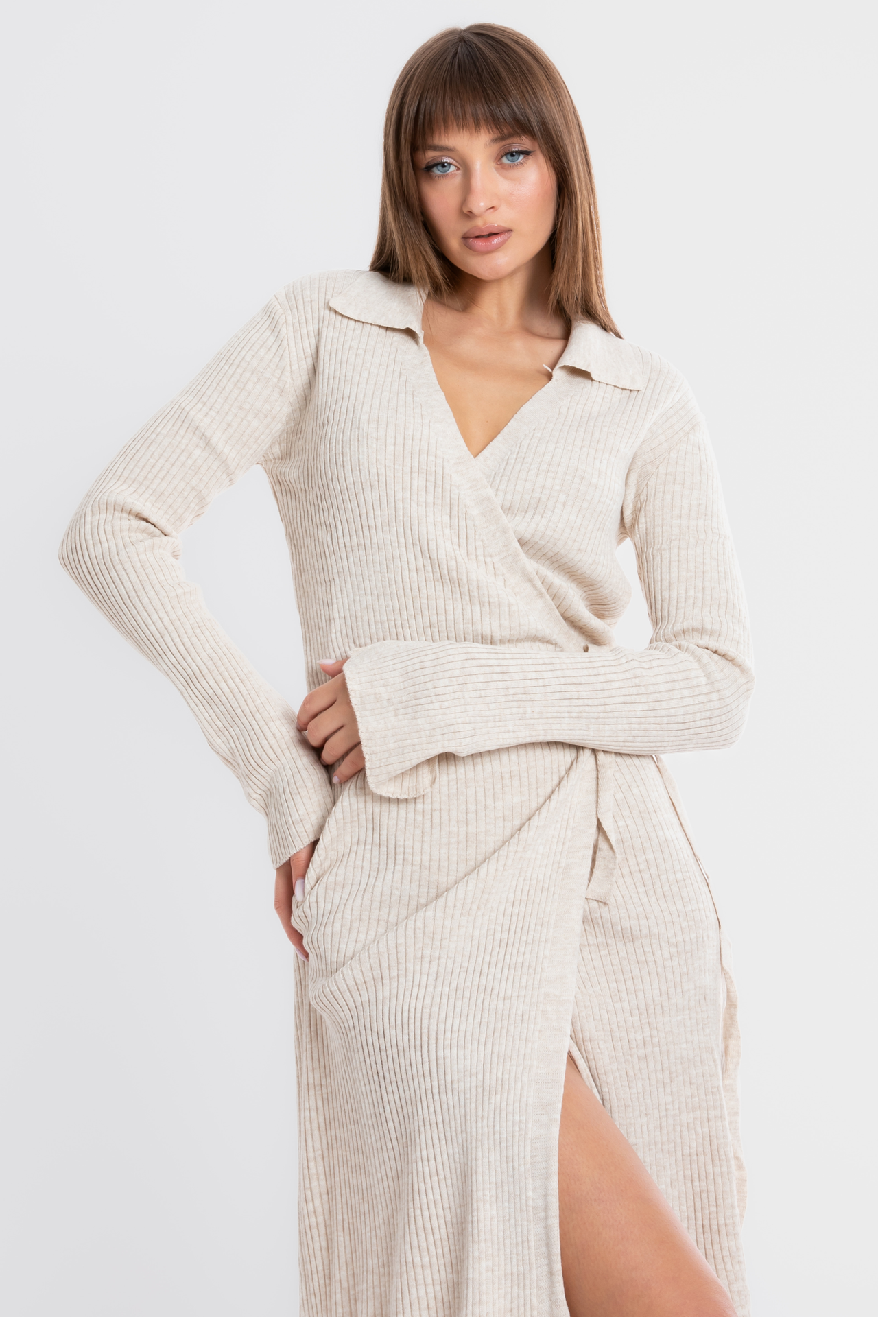 Knitted V Neck Long Sleeve Mini Wrap Dress