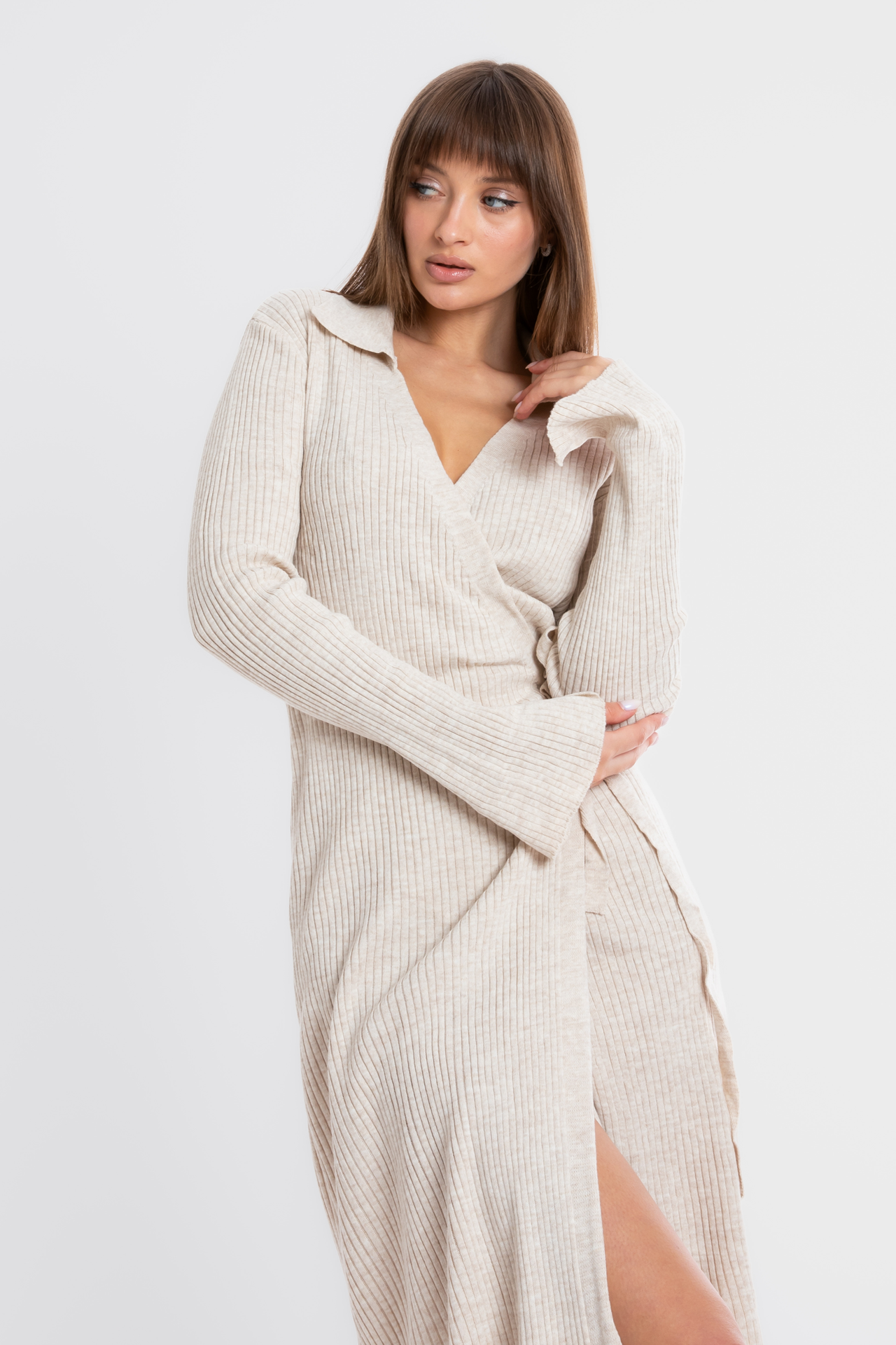 Knitted V Neck Long Sleeve Mini Wrap Dress