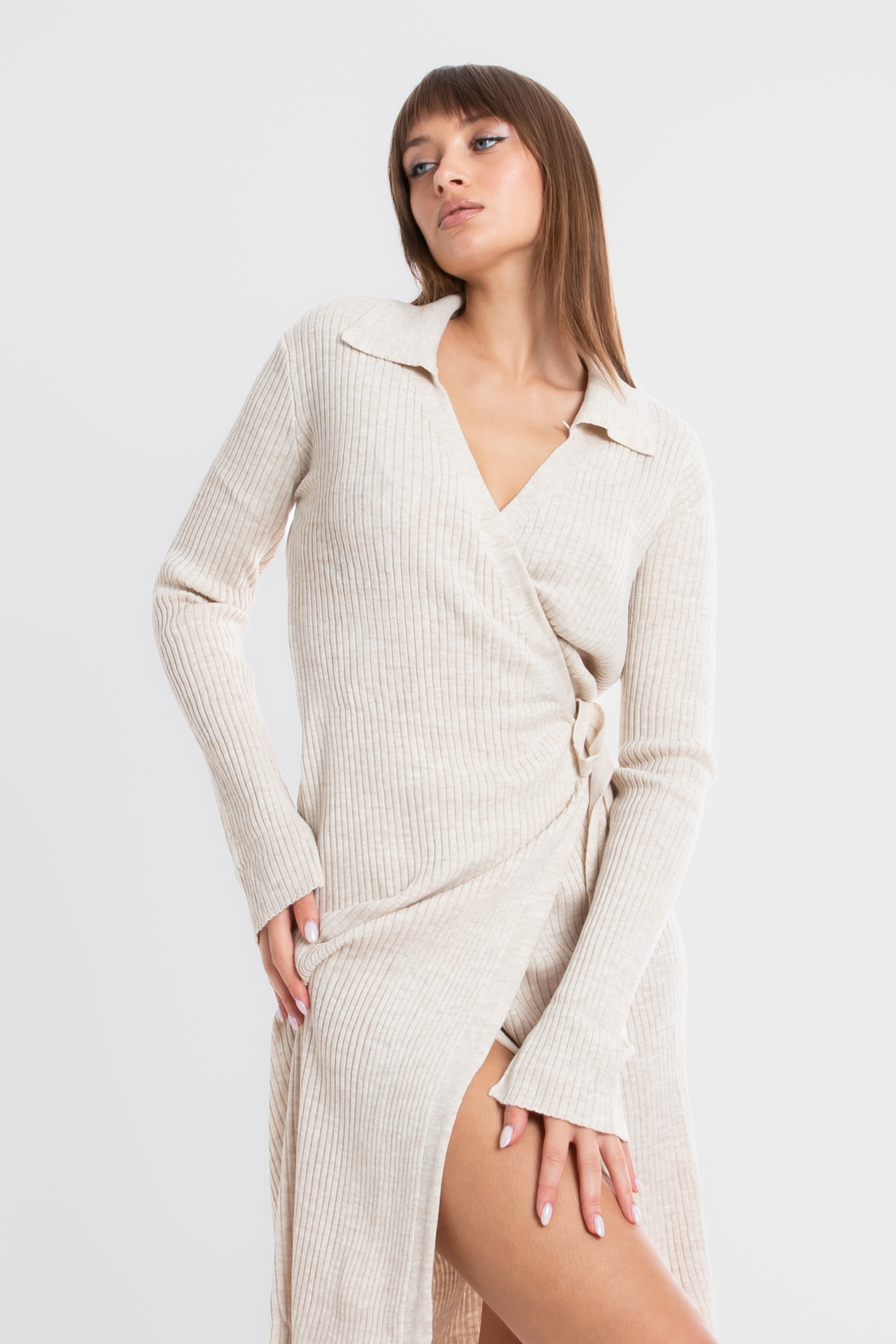 Knitted V Neck Long Sleeve Mini Wrap Dress