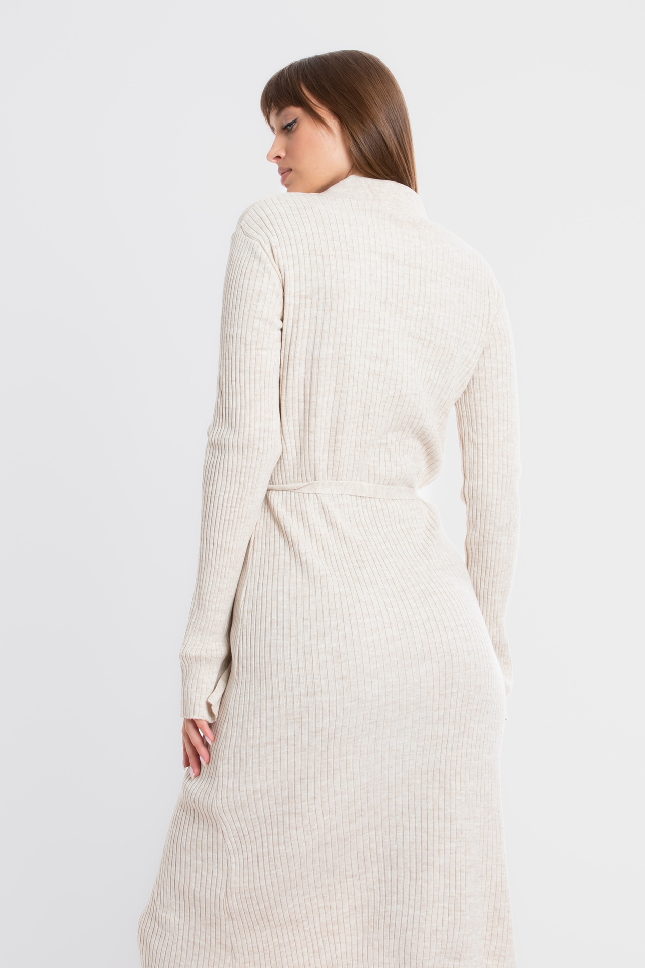 Knitted V Neck Long Sleeve Mini Wrap Dress