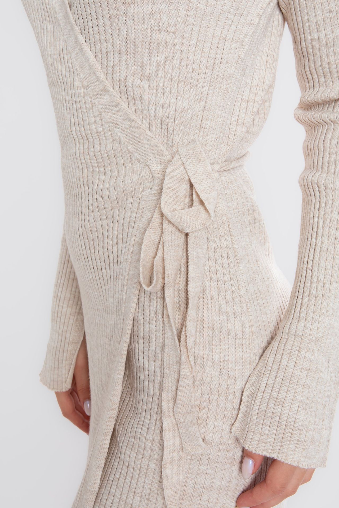 Knitted V Neck Long Sleeve Mini Wrap Dress