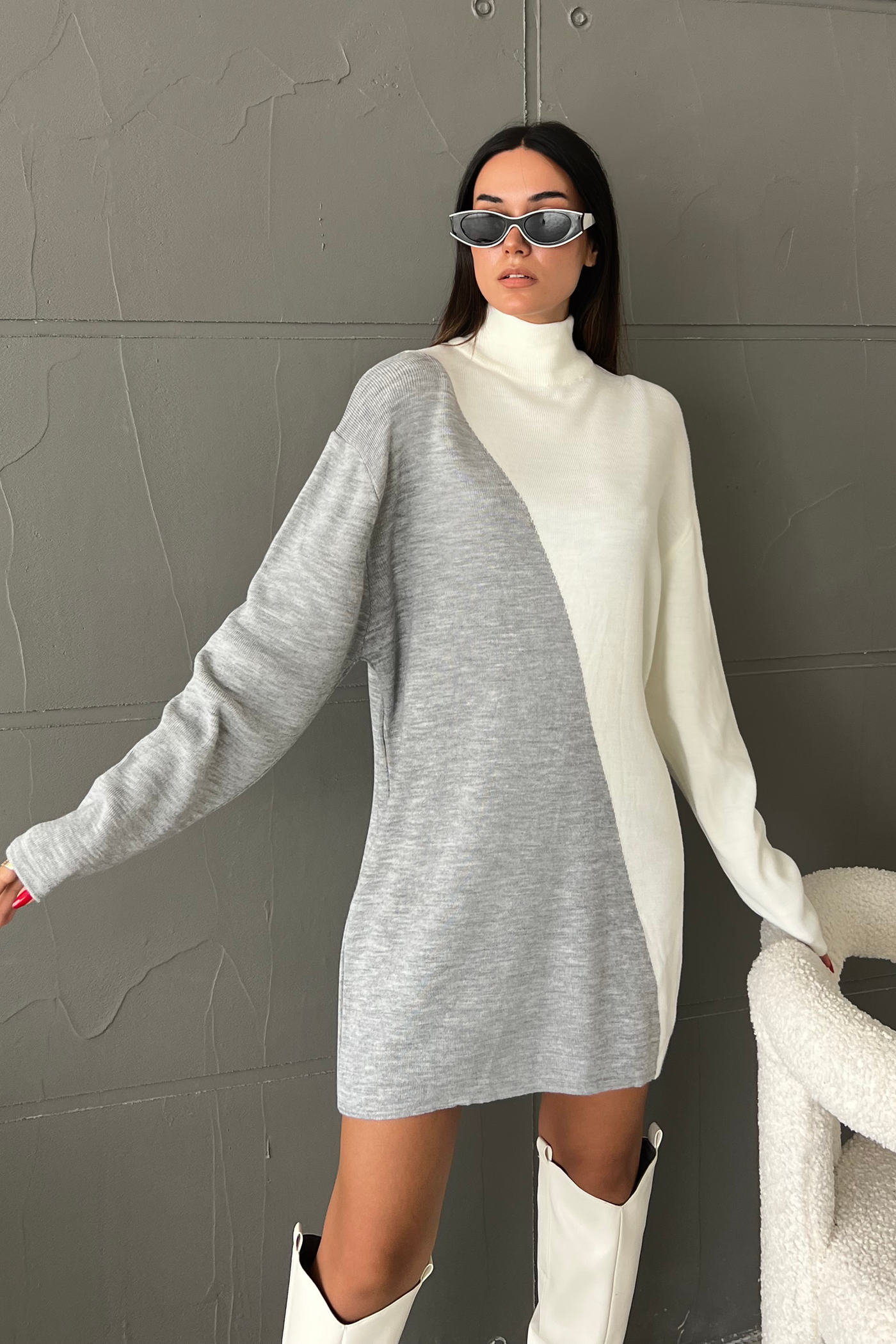 Knitted Geometric High Neck Long Sleeve Mini Dress