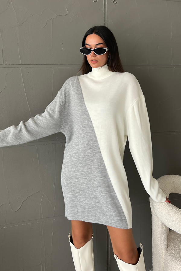 Knitted Geometric High Neck Long Sleeve Mini Dress 2