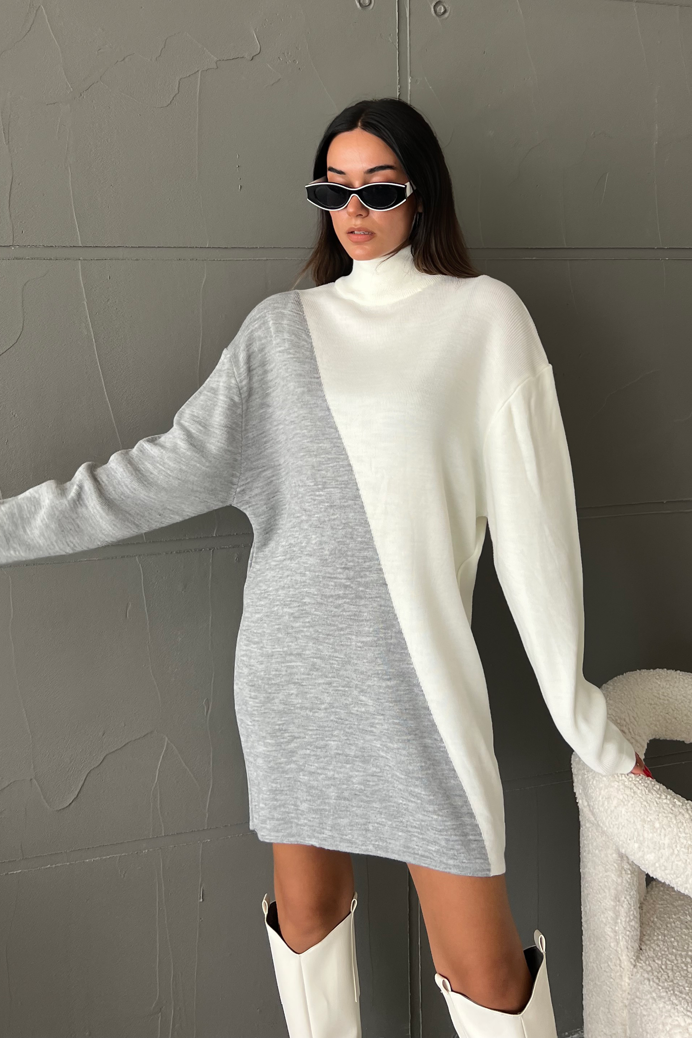 Knitted Geometric High Neck Long Sleeve Mini Dress