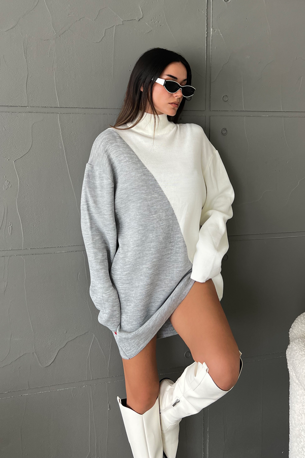 Knitted Geometric High Neck Long Sleeve Mini Dress 3