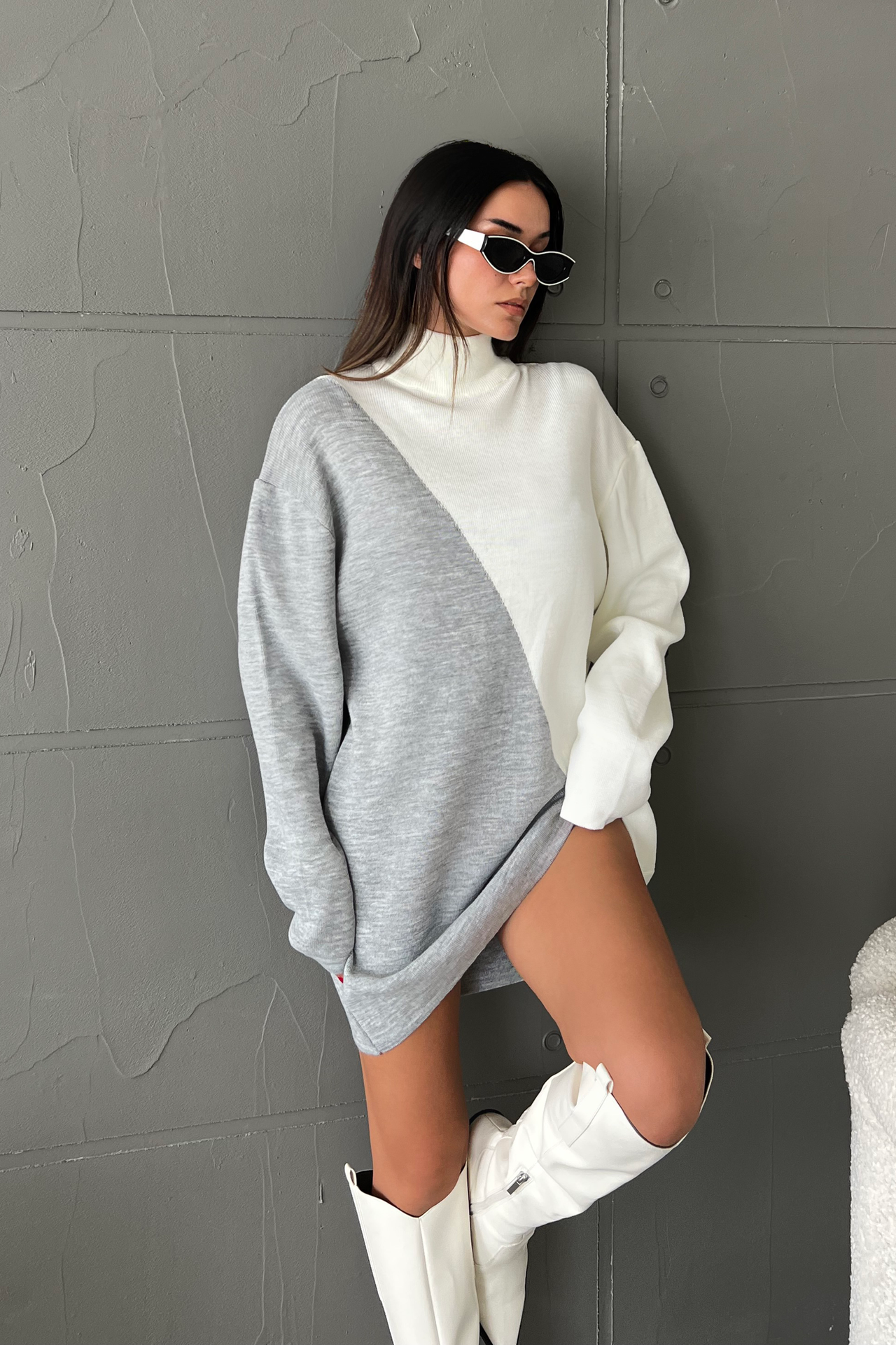 Knitted Geometric High Neck Long Sleeve Mini Dress