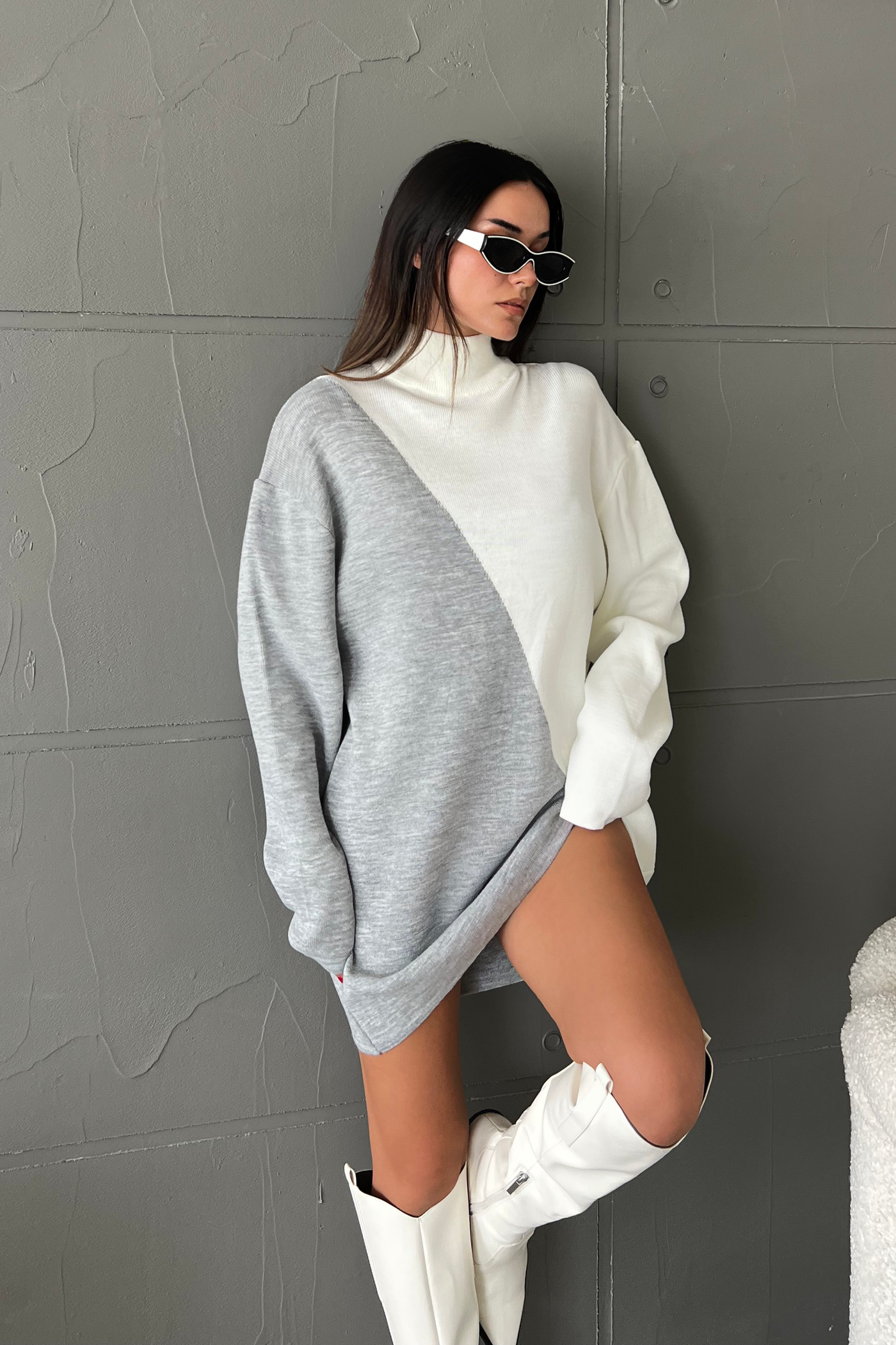 Knitted Geometric High Neck Long Sleeve Mini Dress