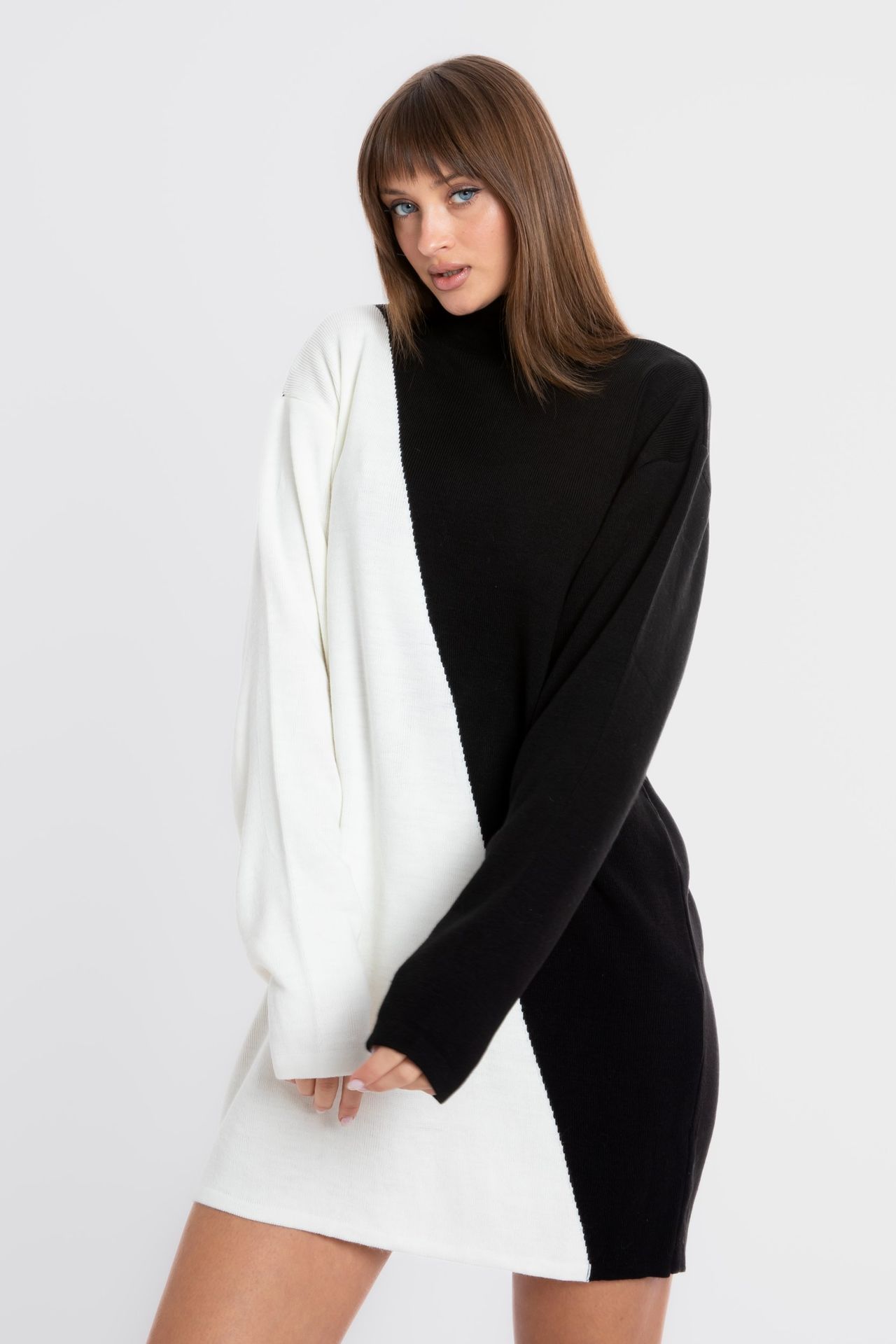 Knitted Geometric High Neck Long Sleeve Mini Dress