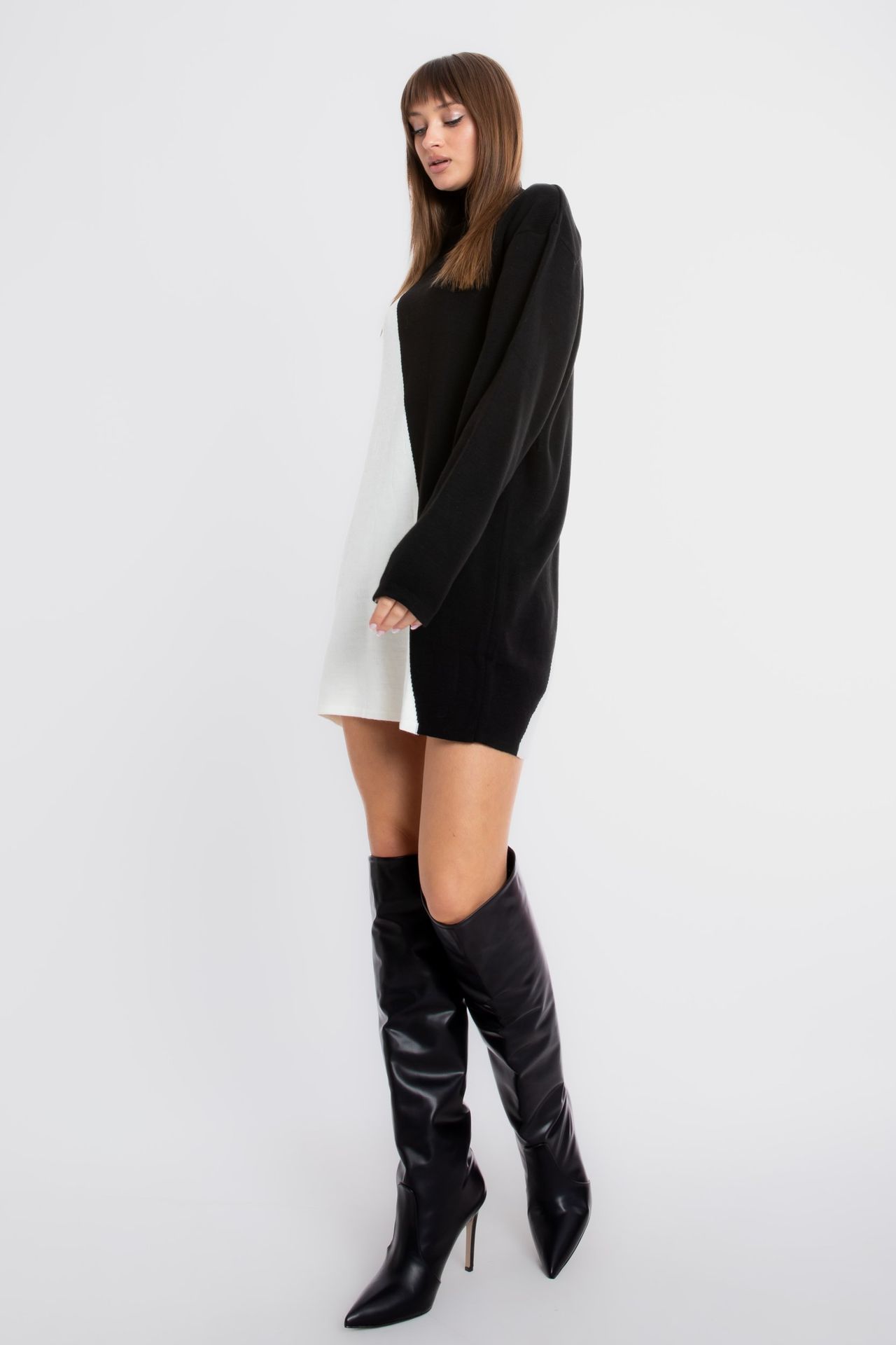 Knitted Geometric High Neck Long Sleeve Mini Dress